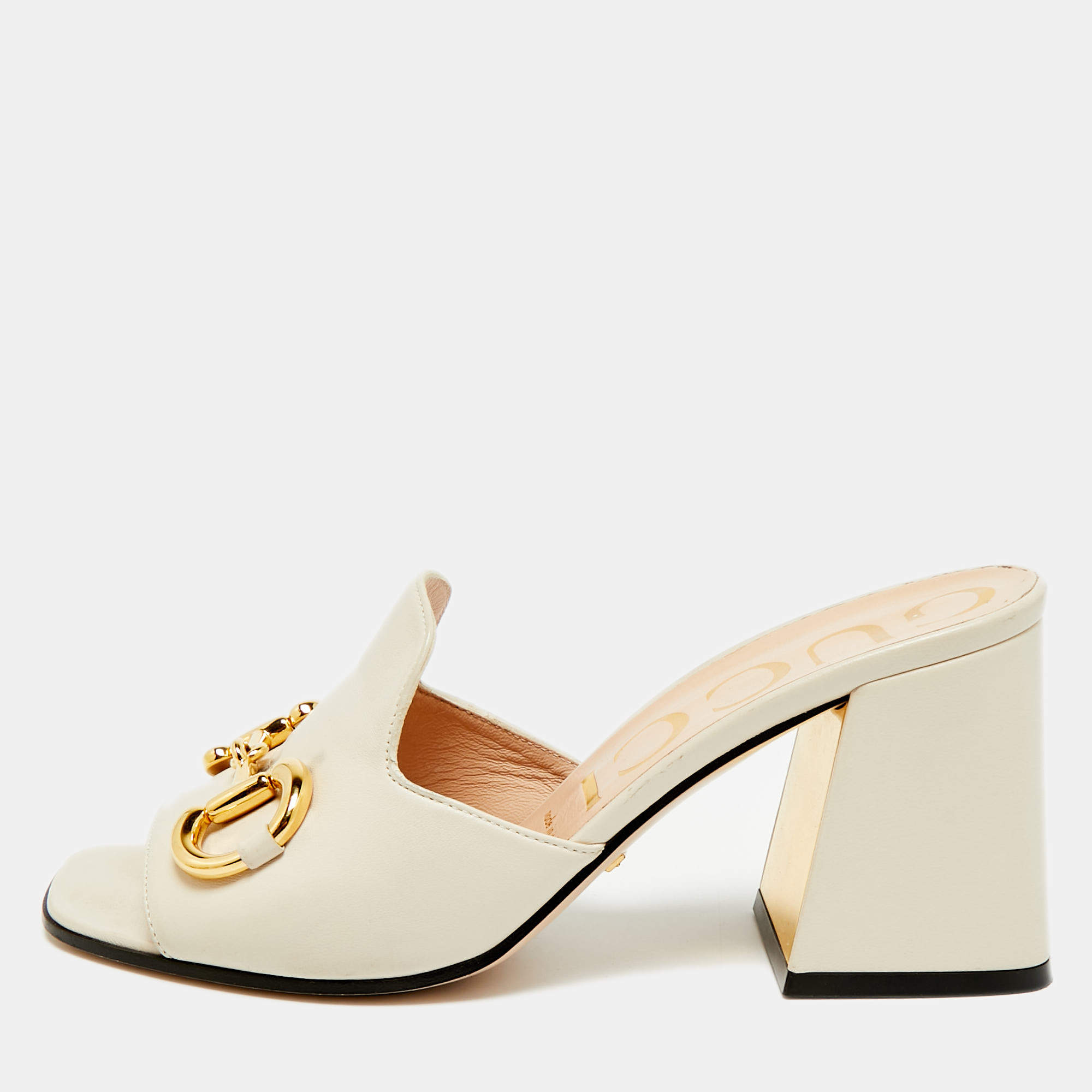 مملوكة مسبقًا Gucci Horsebit Size 37.5 Cream Leather Block Heel Slide Sandals