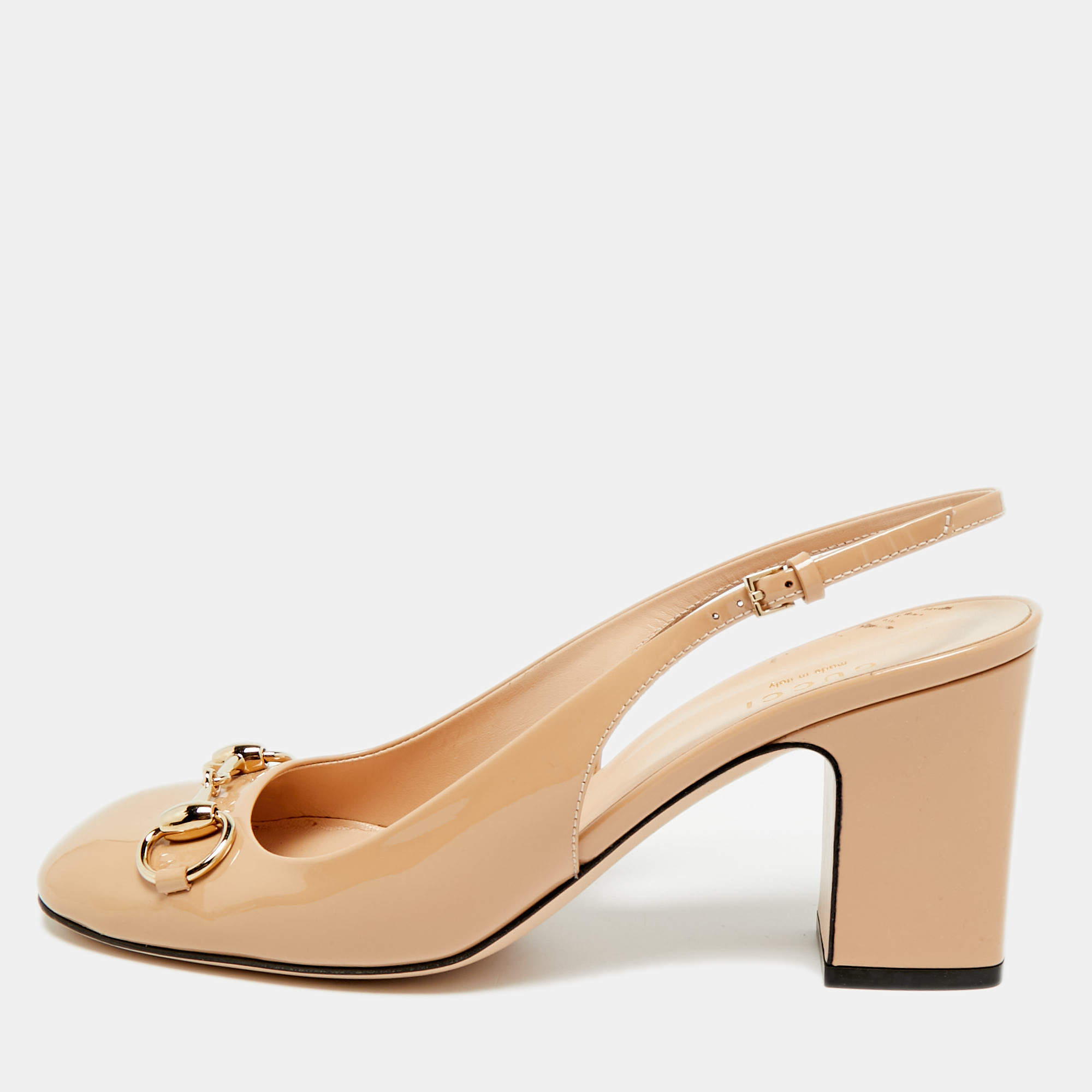 مملوكة مسبقًا Gucci Horsebit Size 37 Beige Patent Leather Slingback Pumps