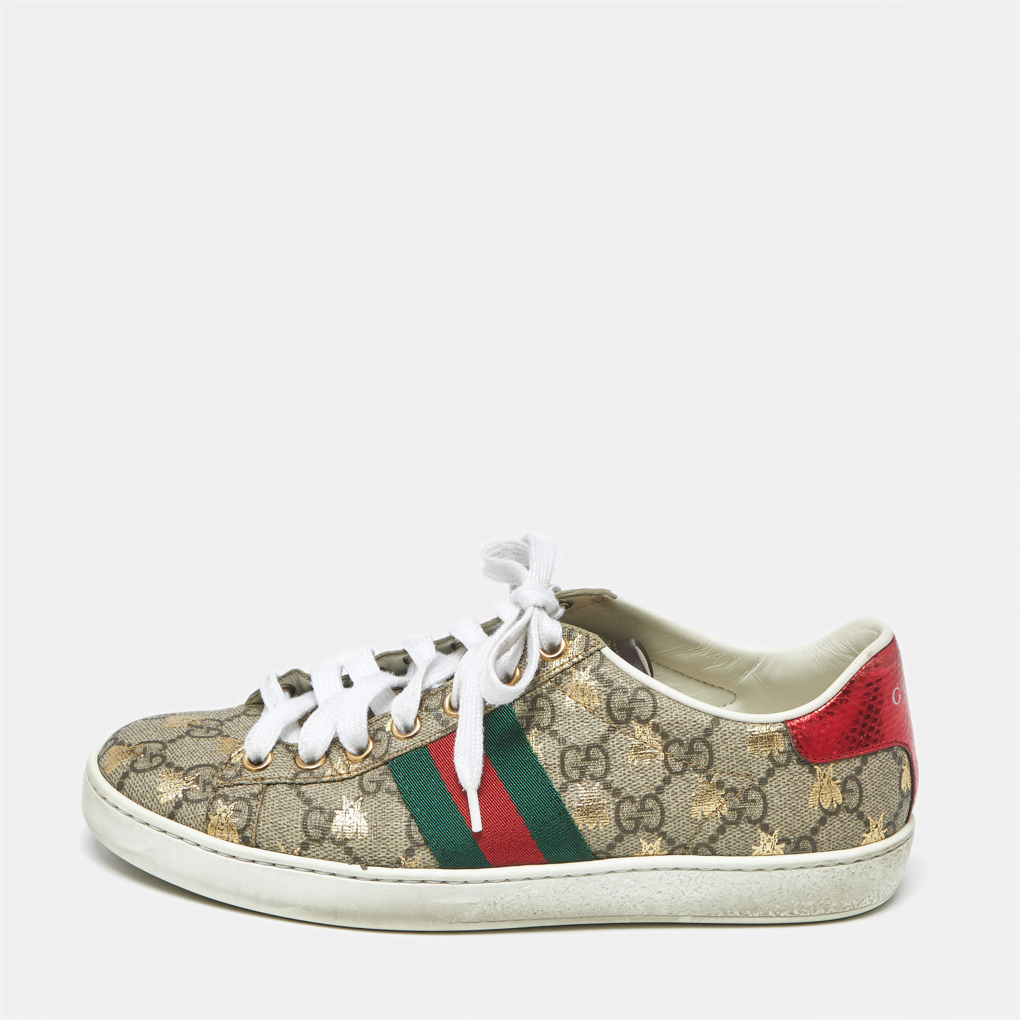Pre Owned Gucci Ace Size 36 Beige Coated Canvas and Python Embossed Leather Lace Up Sneakers