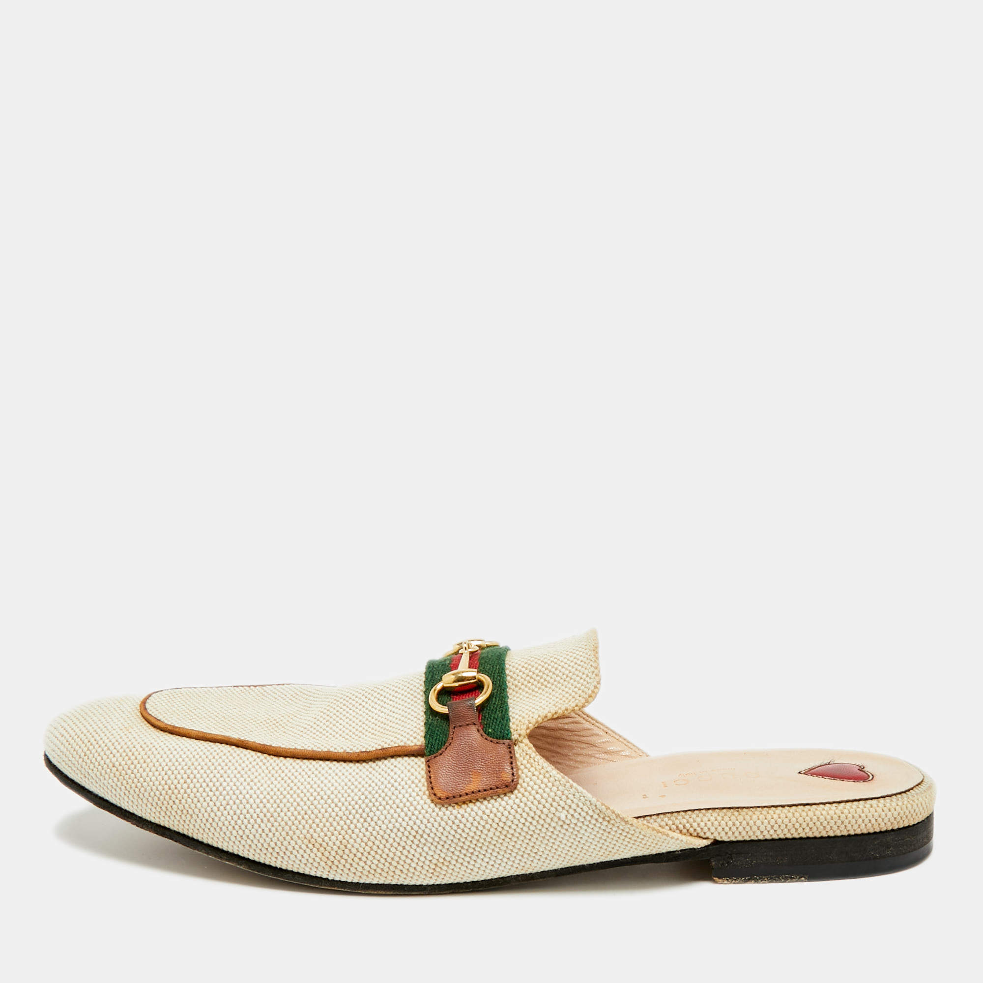 Pre Owned Gucci Princetown Size 41 Cream Canvas Web Horsebit Flat Mules