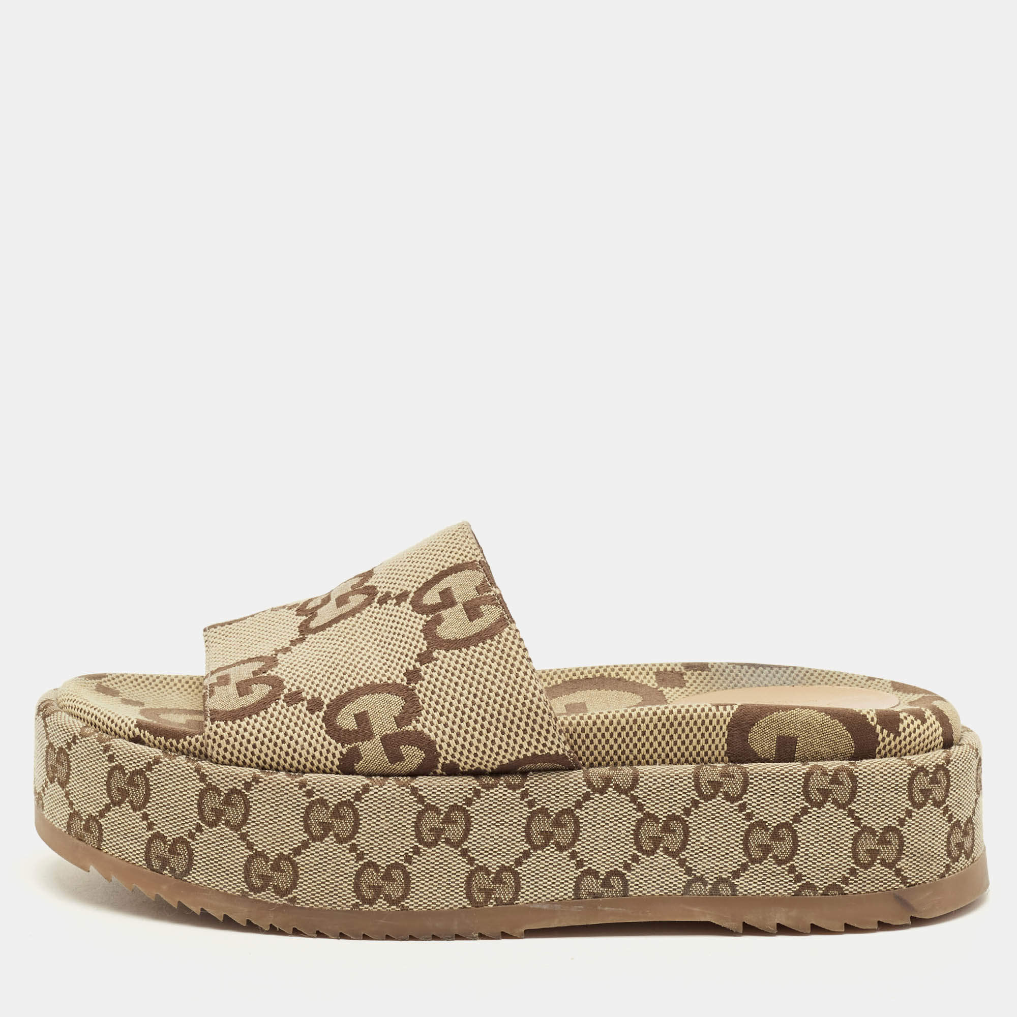 Pre Owned Gucci Maxi Size 38 Beige/Brown GG Canvas Platform Slide Sandals