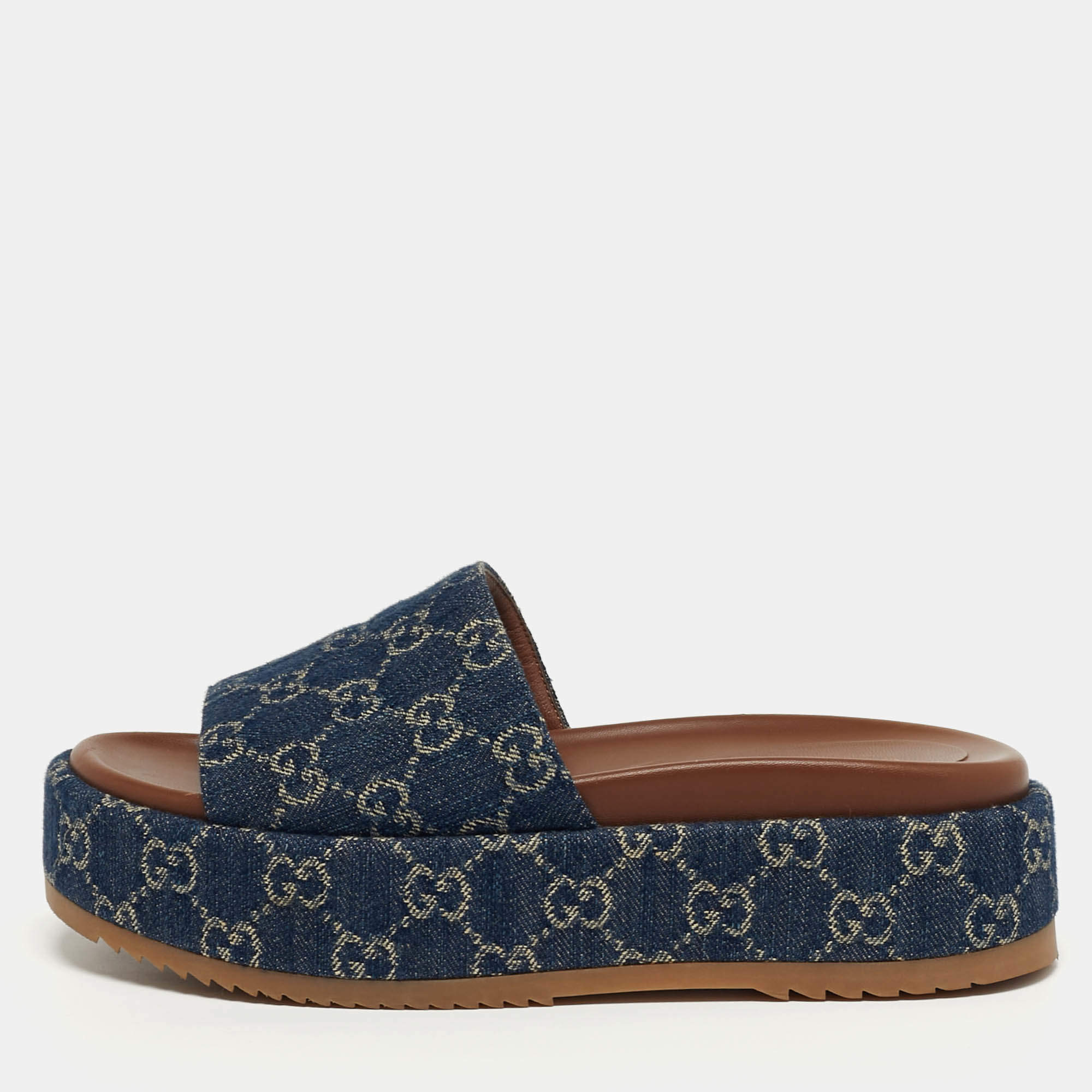 Pre Owned صندل غوتشي دينم بحجم  جي جي أزرق كحلي بمنصة مقاس 38.5