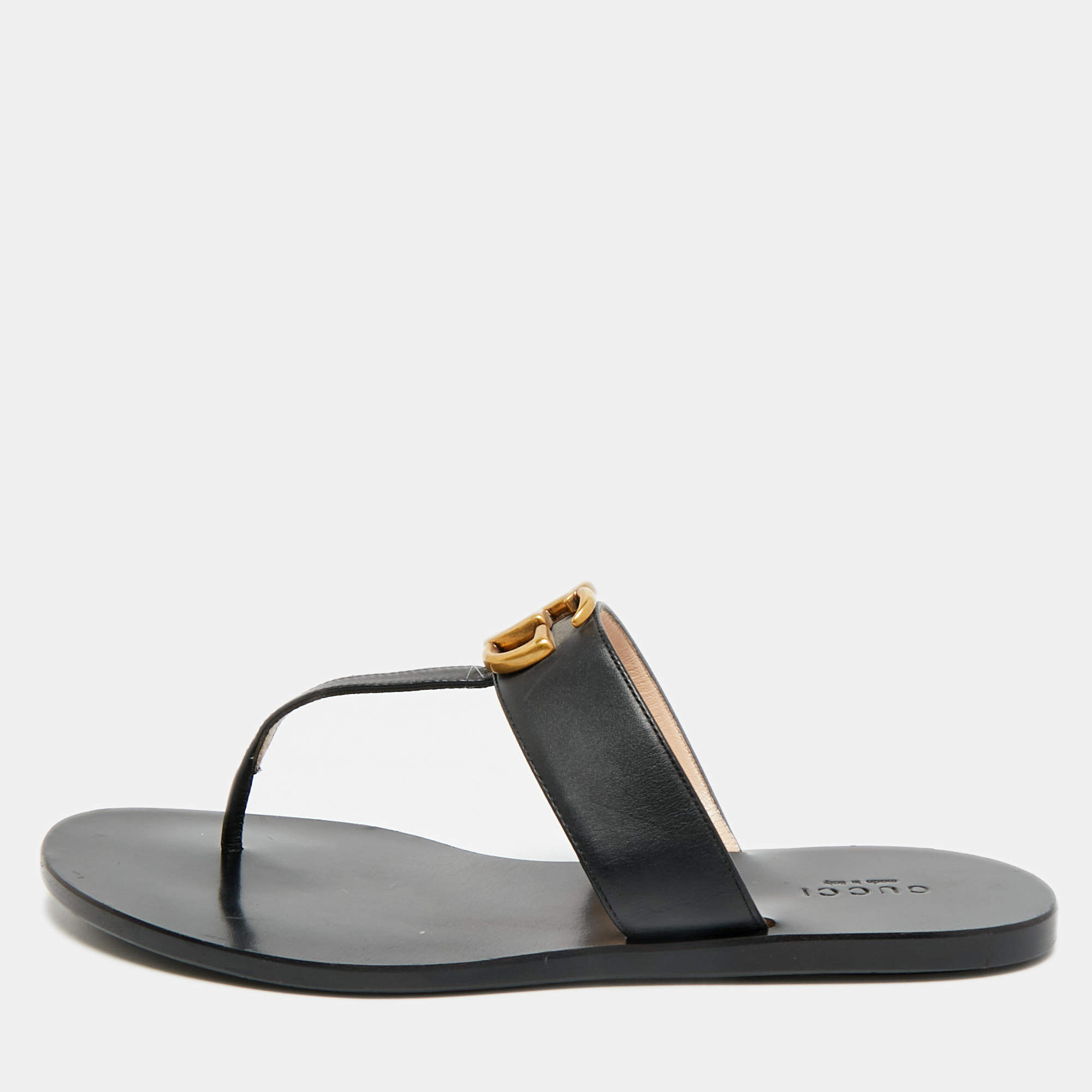 مملوكة مسبقًا Gucci GG Marmont Size 37 Black Leather Thong Sandals