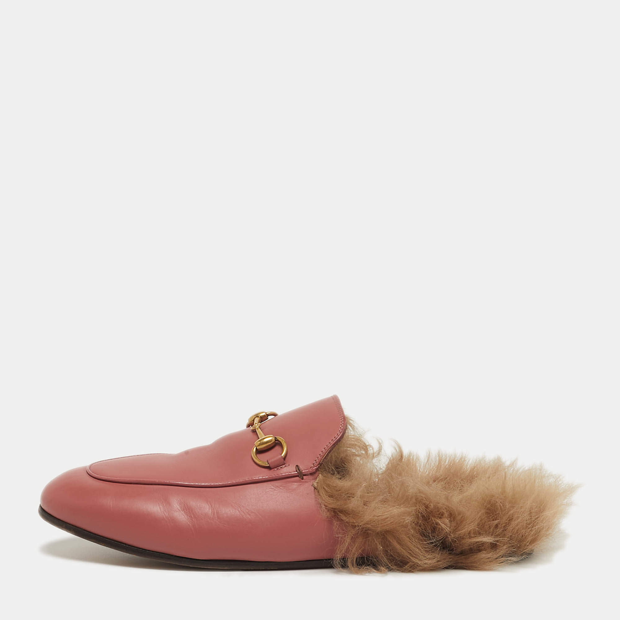 Pre Owned Gucci Horsebit Size 39 Pink Fur and Leather Horsebit Flat Mules