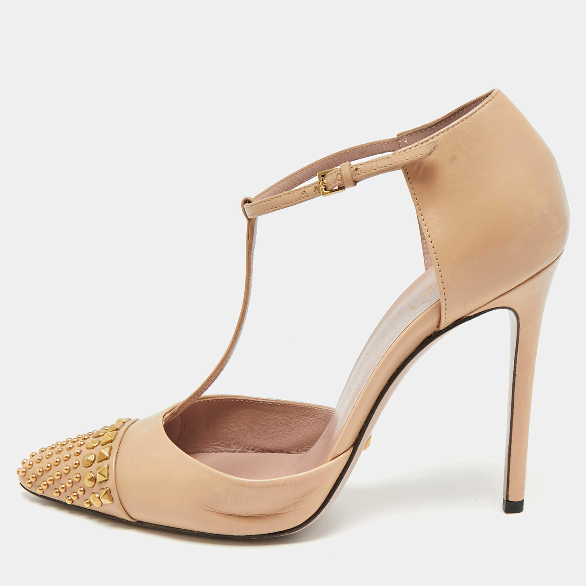 مملوكة مسبقًا Gucci Size 39 Metallic Leather Studded T Strap Pumps