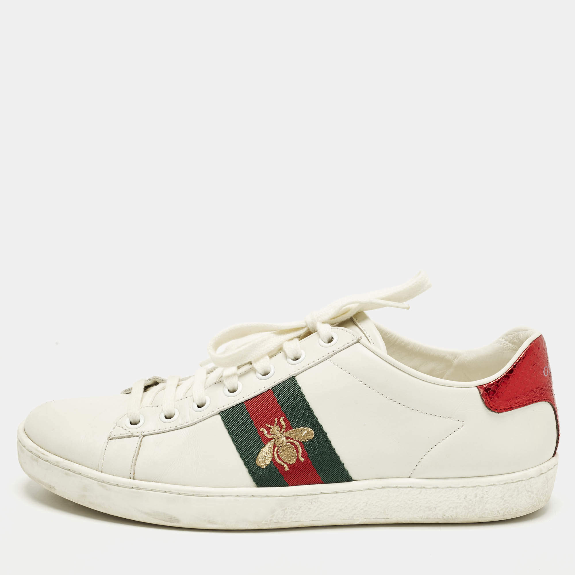 مملوكة مسبقًا حذاء رياضي غوتشي جلد أبيض ونقشة جلد الأفعى أربطة مقاس 36