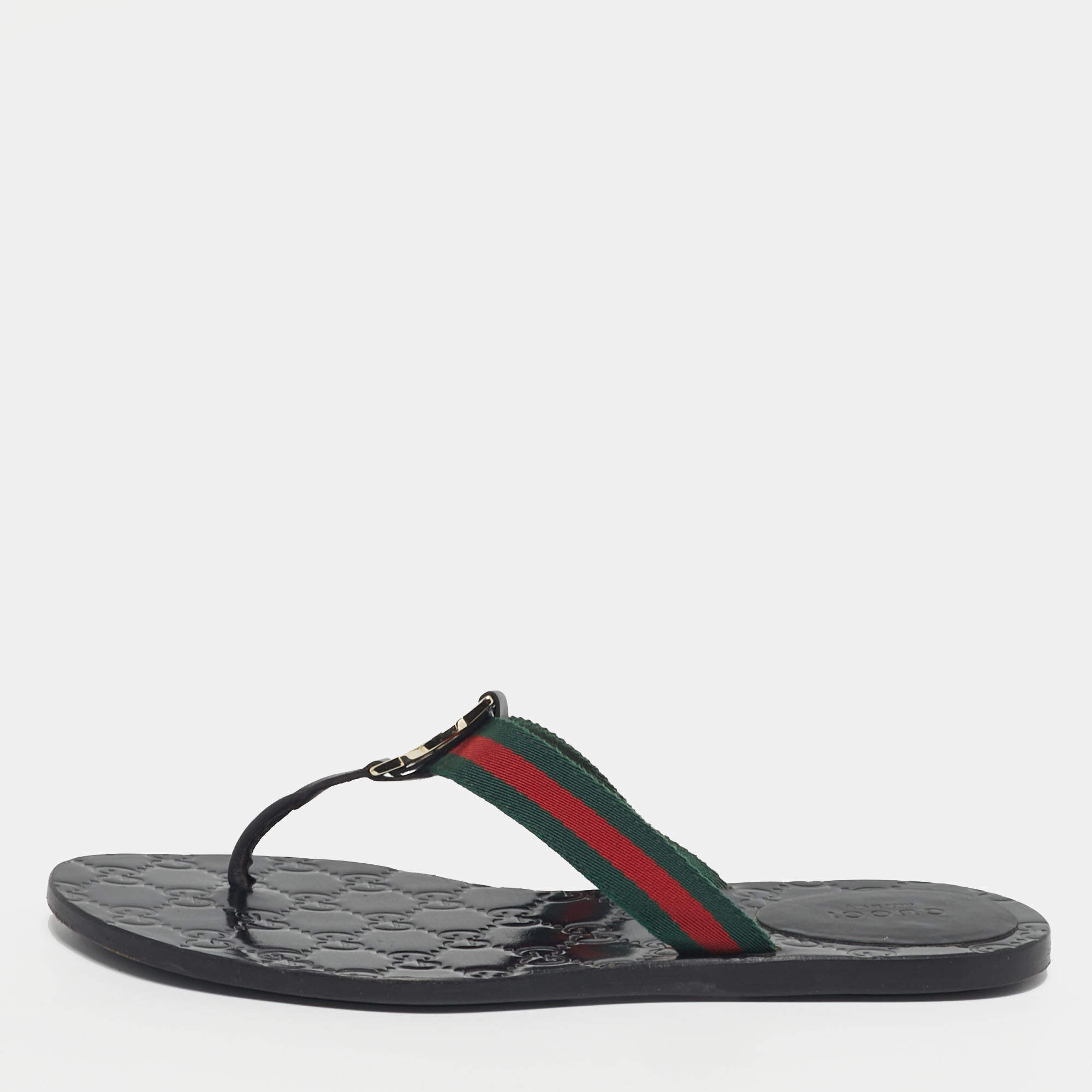 Pre Owned Gucci GG Size 38 Black Canvas and Leather Thong Flat Sandals