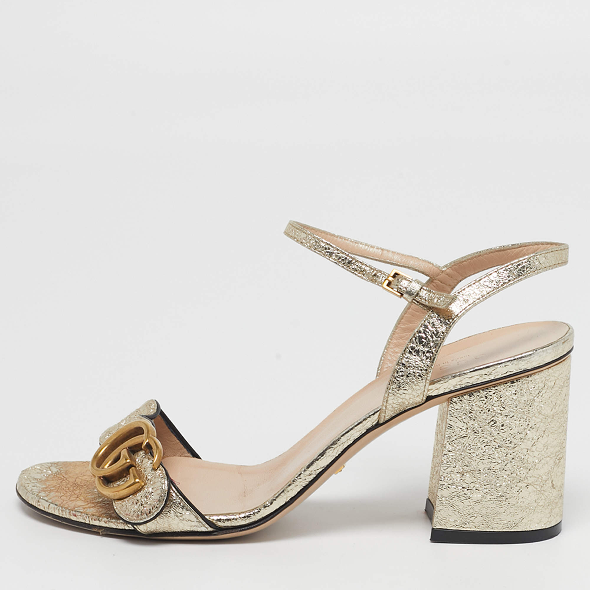 Pre Owned Gucci GG Marmont Size 37.5 Metallic Gold Foil Leather Ankle Strap Sandals