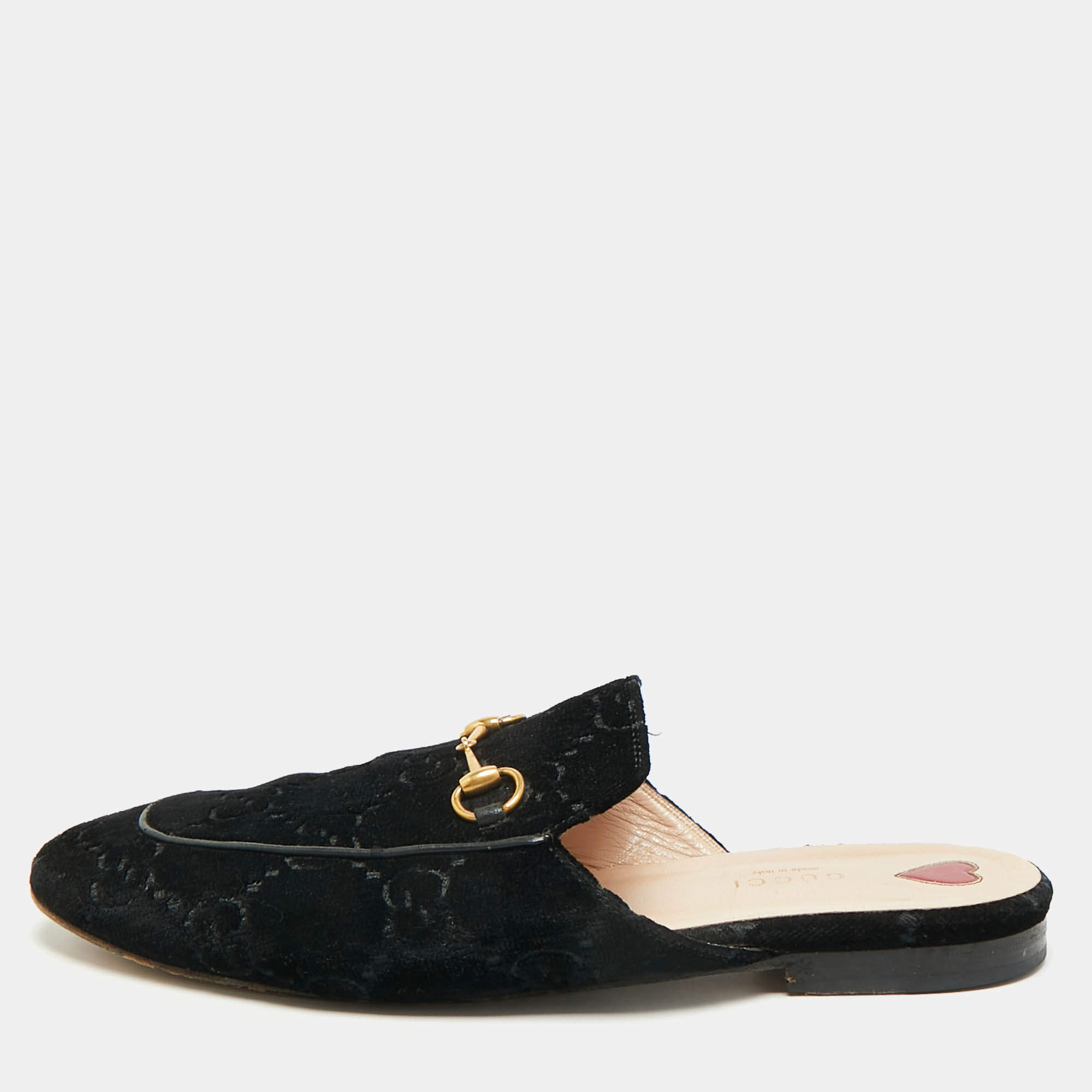 Pre Owned Gucci Princetown Size 41.5 Black GG Velvet Flat Mules