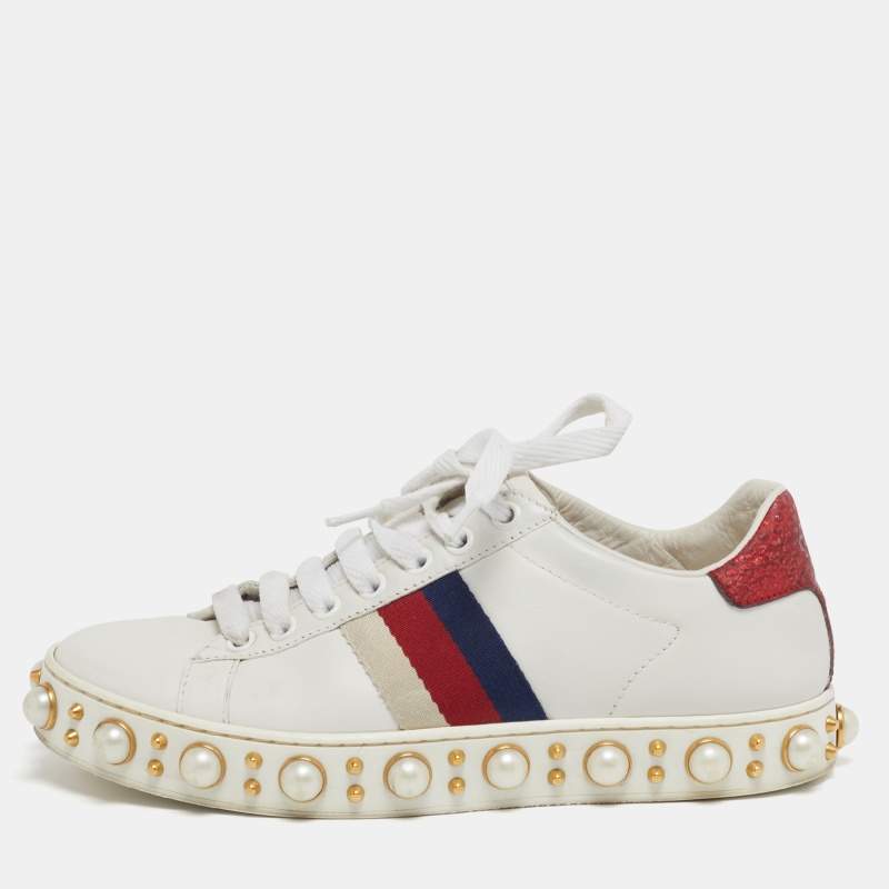 Pre Owned Gucci New Ace Size 35 White Leather and Python Embossed Faux Pearl Embellished Web Low Top Sneakers