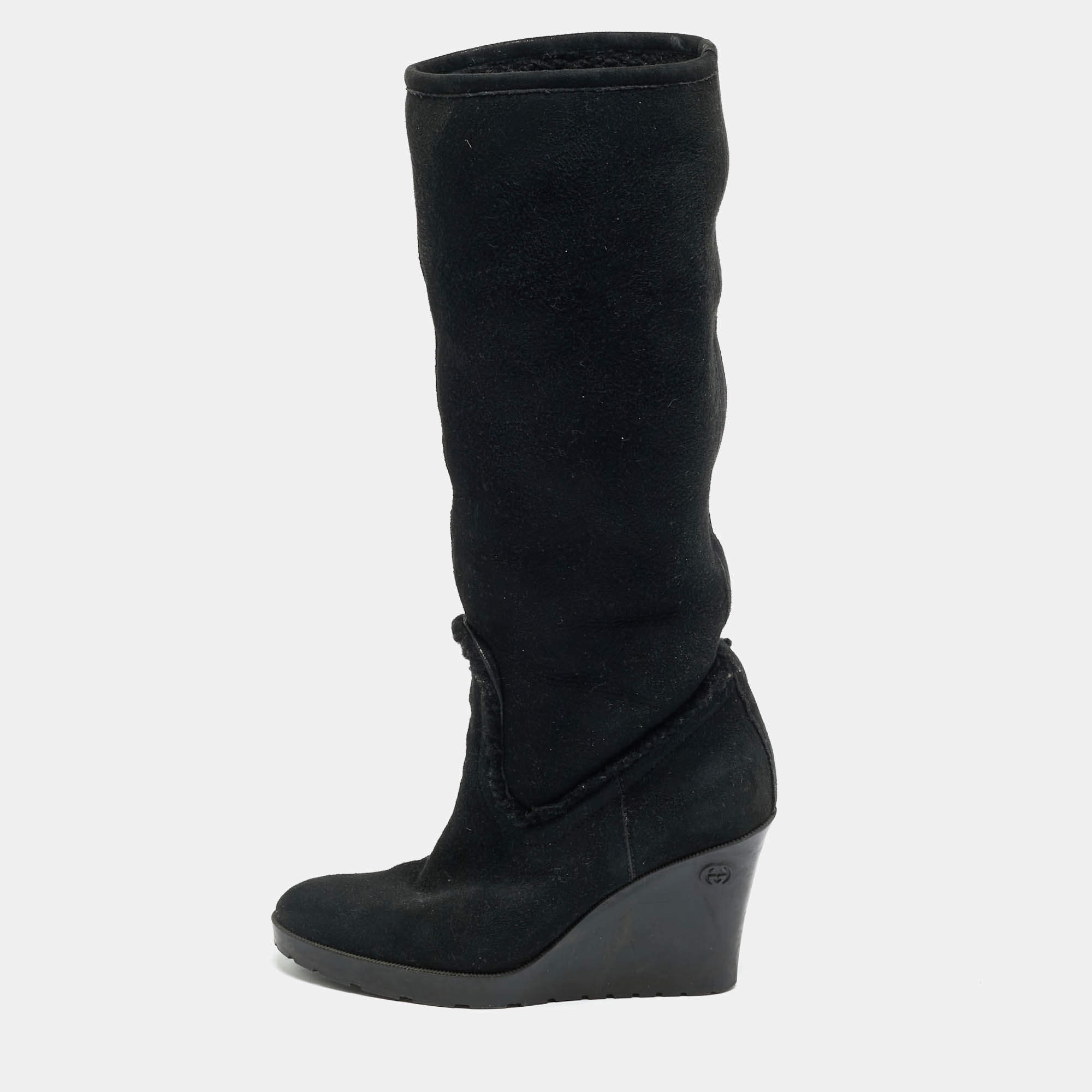 Pre Owned Gucci Courteney Size 36 Black Suede Wedge Knee Length Boots