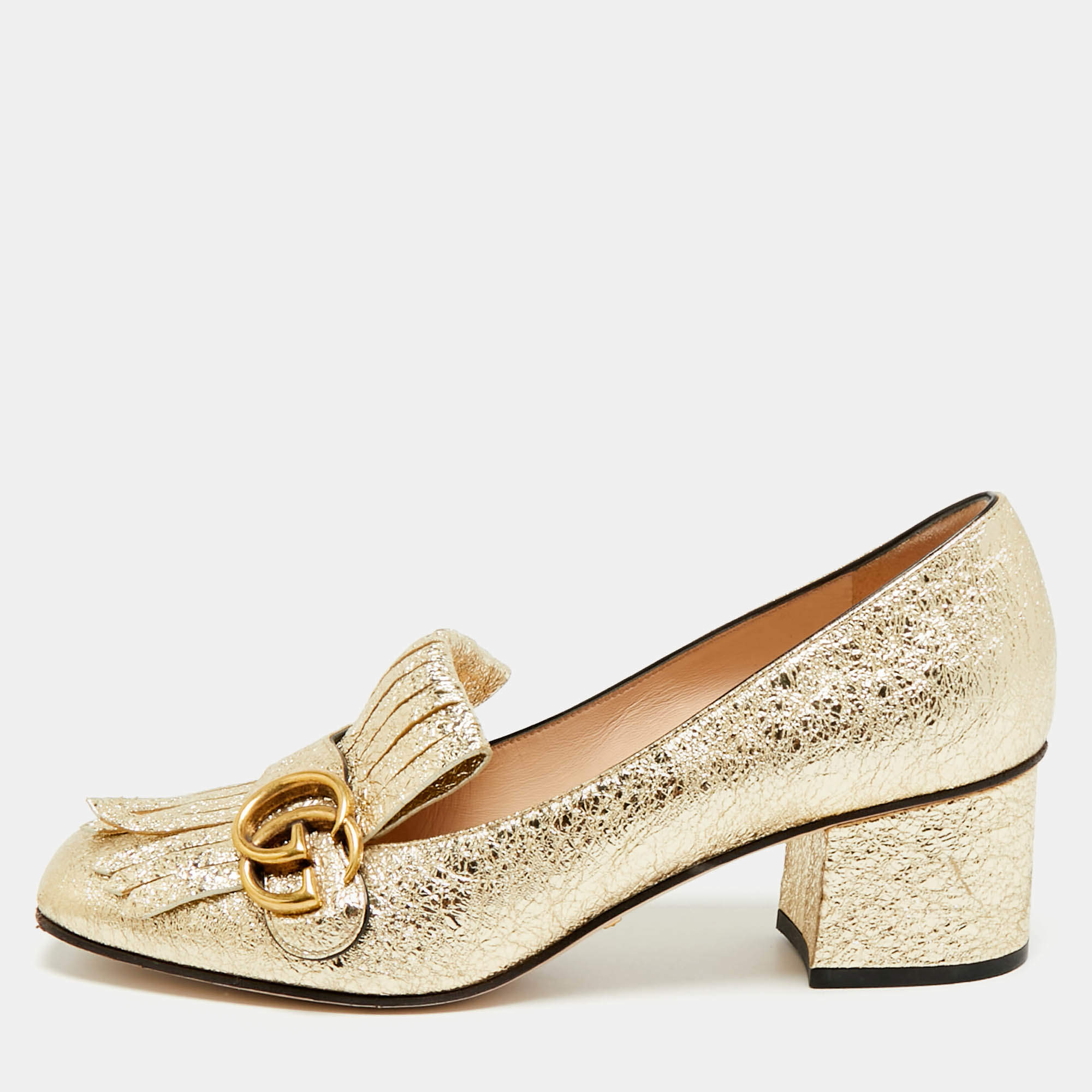 Pre Owned حذاء كعب عالي غوتشي مارمونت جي جي جلد فويل ذهبي شراريب كعب عريض مقاس 37