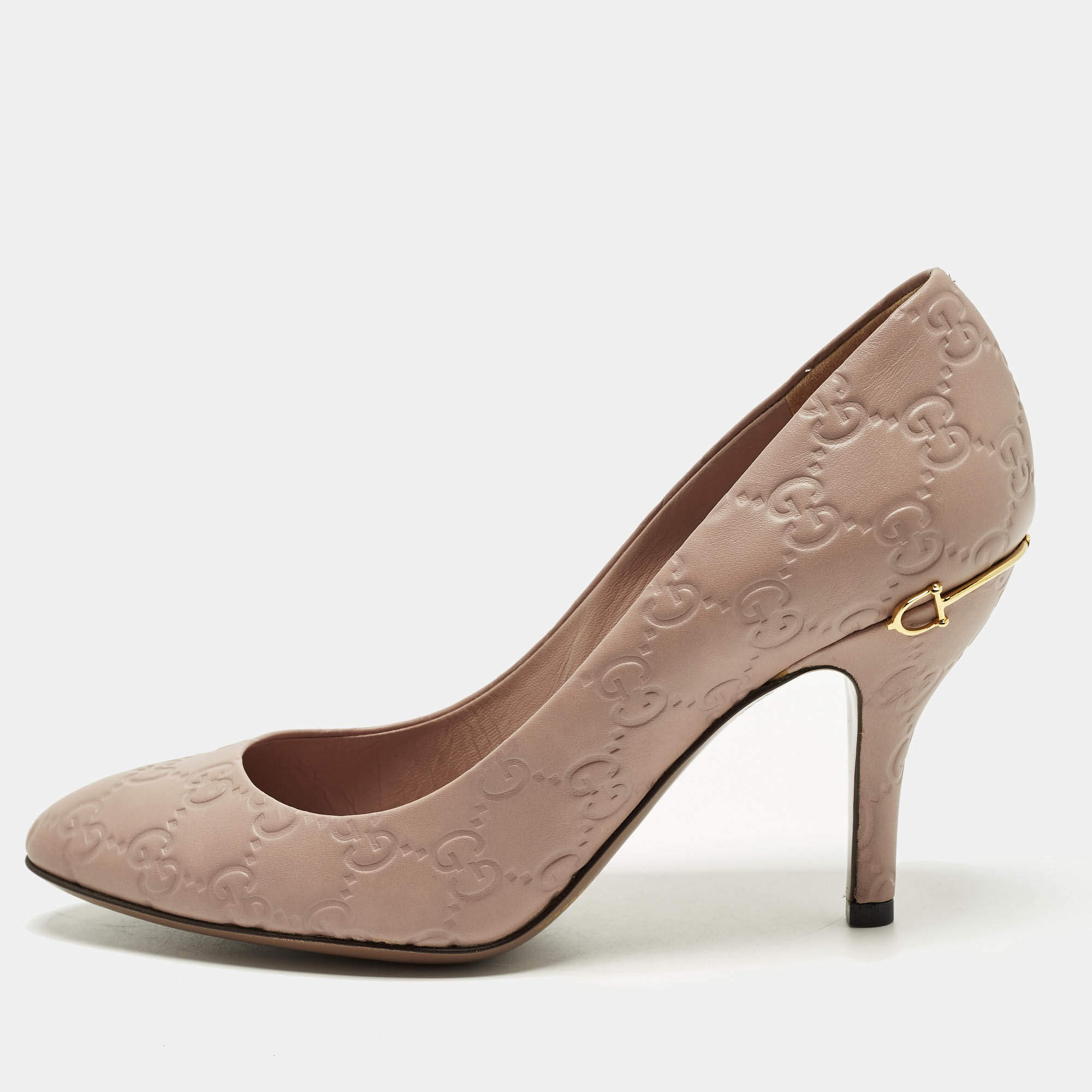 Pre Owned Gucci Guccissima Size 37.5 Pink Leather Horsebit Heel Pumps