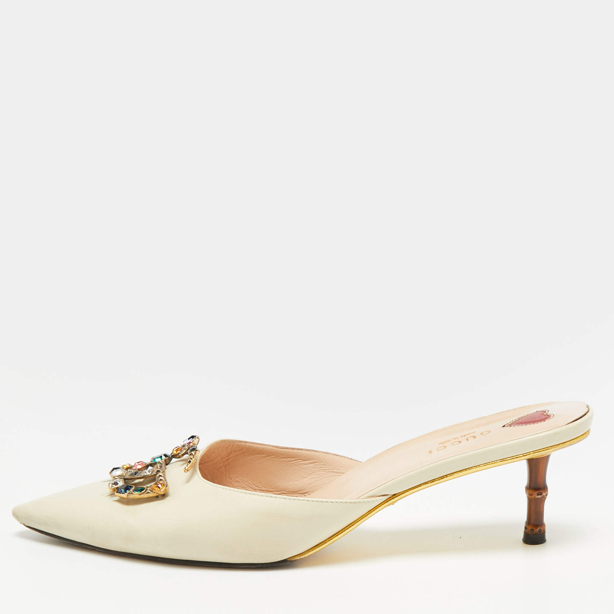 Pre Owned Gucci GG Size 41 Cream Leather GG Crystal Embellishments Pointed Toe Mules