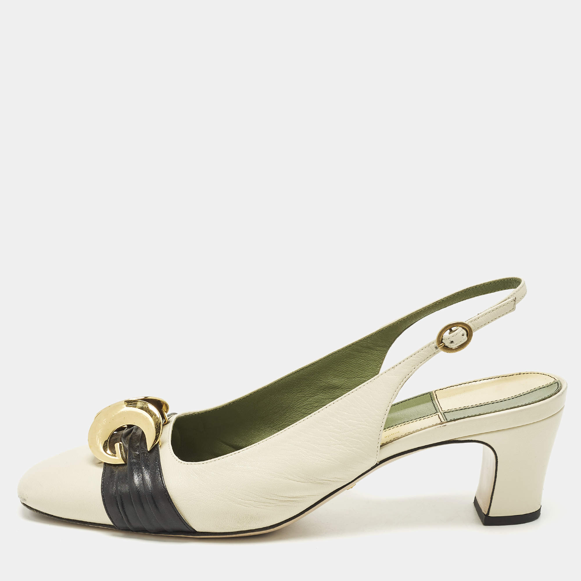 Pre Owned Gucci Half Moon Size 41 Cream/Black Leather Slingback Pumps
