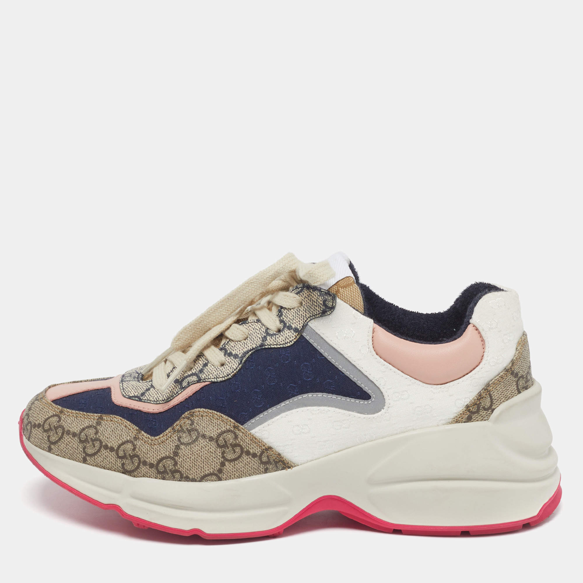 Pre Owned Gucci Rhyton Size 37.5 Multicolor GG Supreme Canvas, Fabric and Leather Lace Up Sneakers