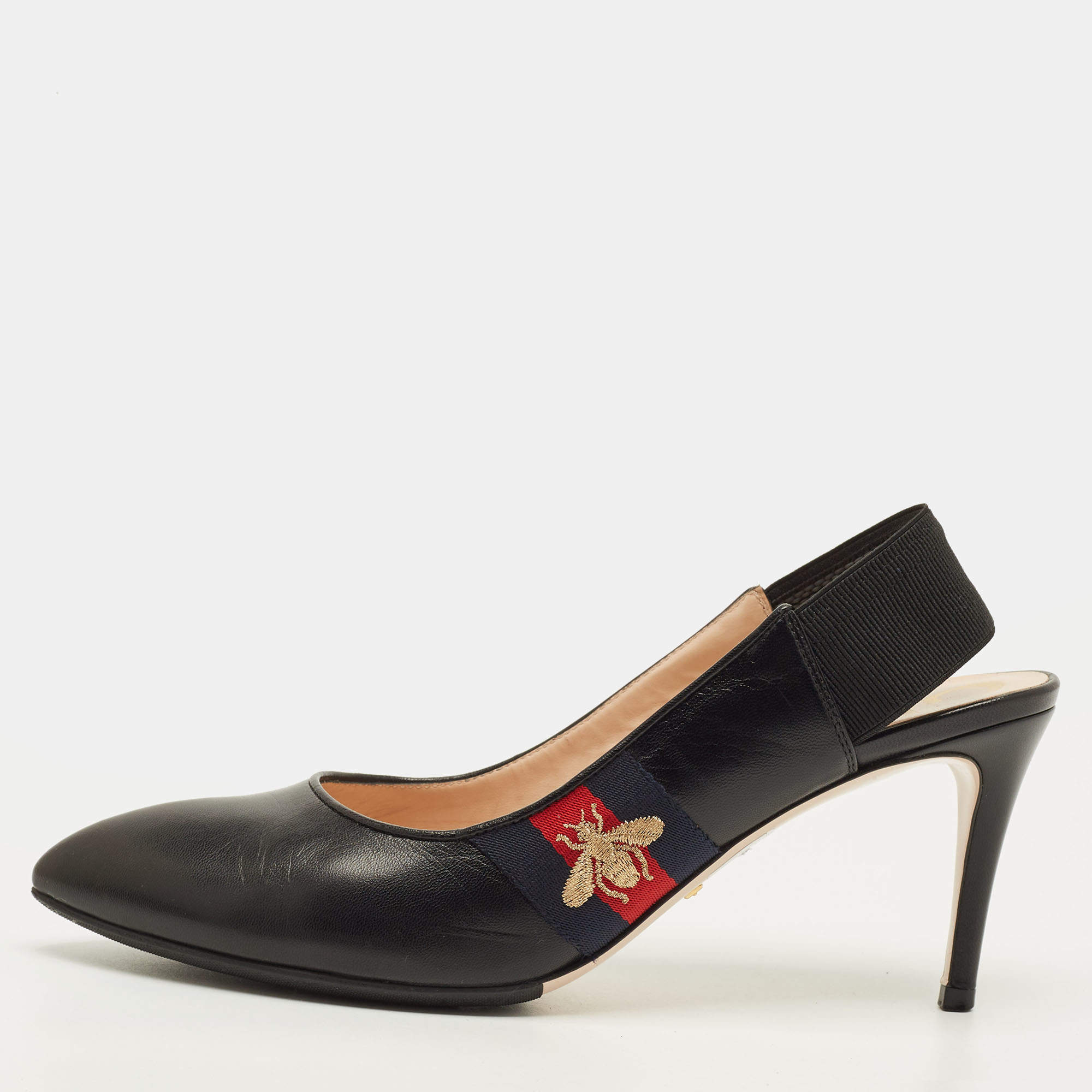 مملوكة مسبقًا Gucci Slyvie Size 38.5 Black Leather Web Slingback Pumps