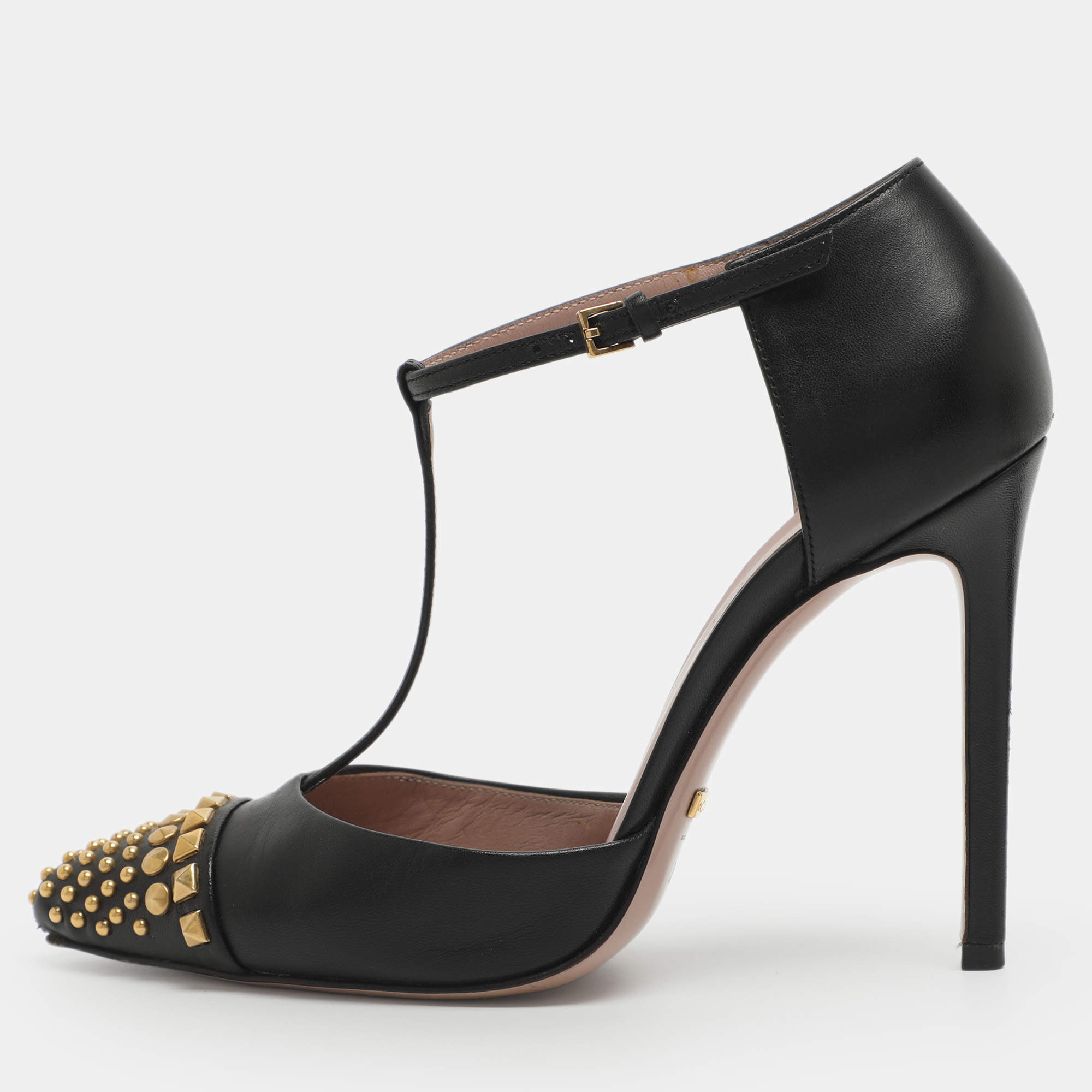 مملوكة مسبقًا حذاء كعب عالي غوتشي كولين جلد أسود حجم 35 بحزام مزين بالجواهر