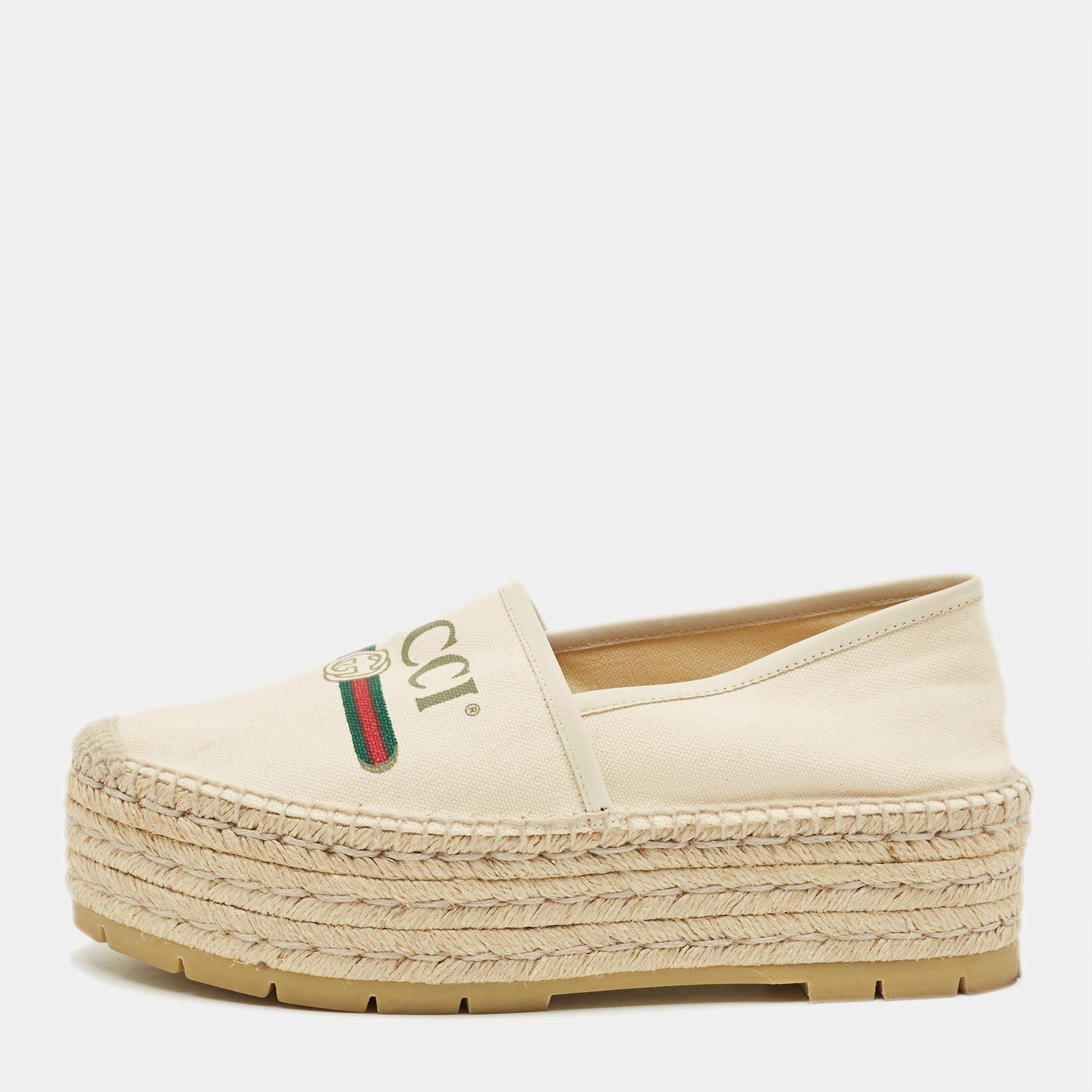 Pre Owned Gucci Size 39.5 Cream Canvas and Leather Logo Graphic Print Platform Espadrille