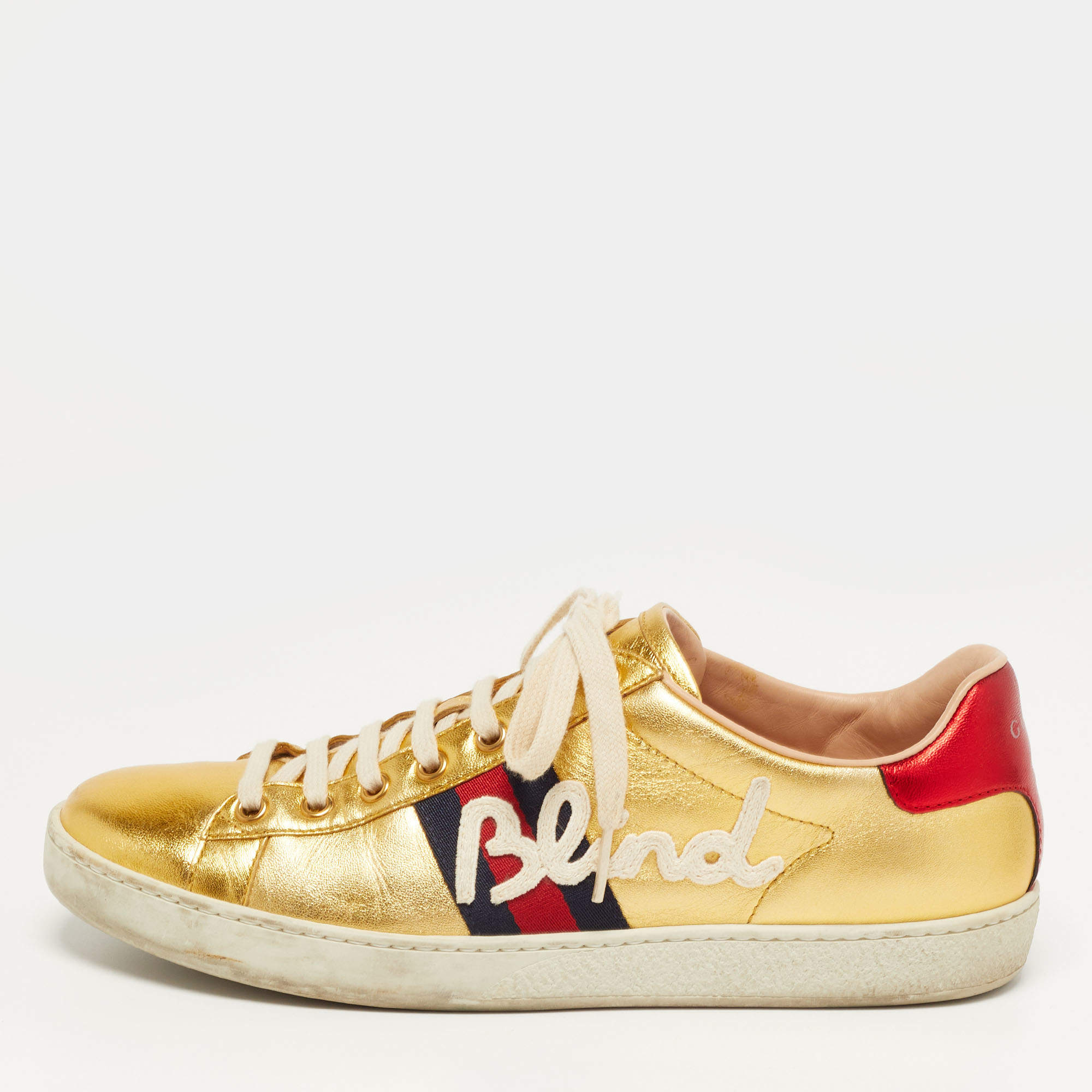 Pre Owned Gucci Ace Size 39.5 Metallic Gold Leather Web Blind For Love Low Top Sneakers