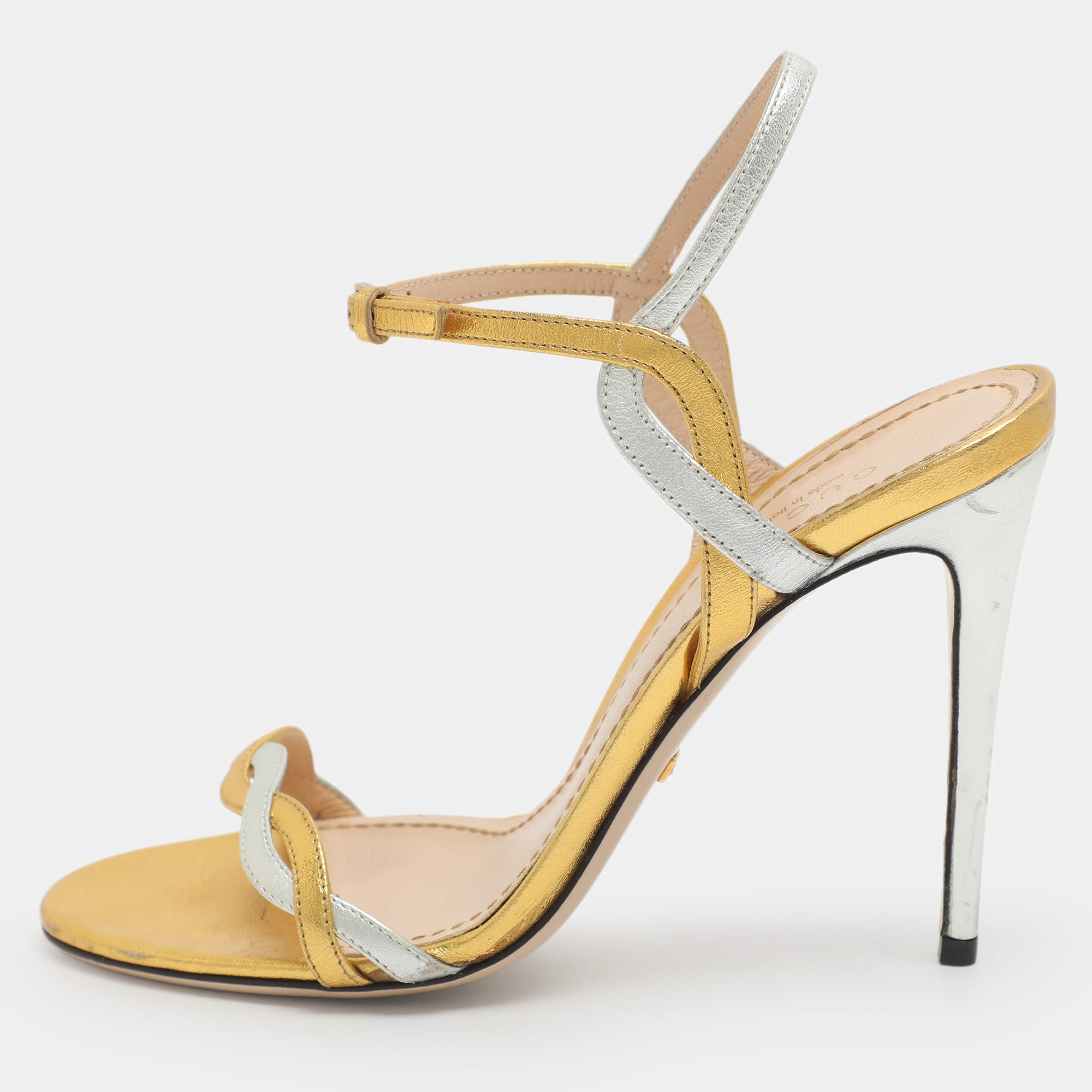 Pre Owned Gucci Size 37 Metallic Leather Ankle Strap Sandals