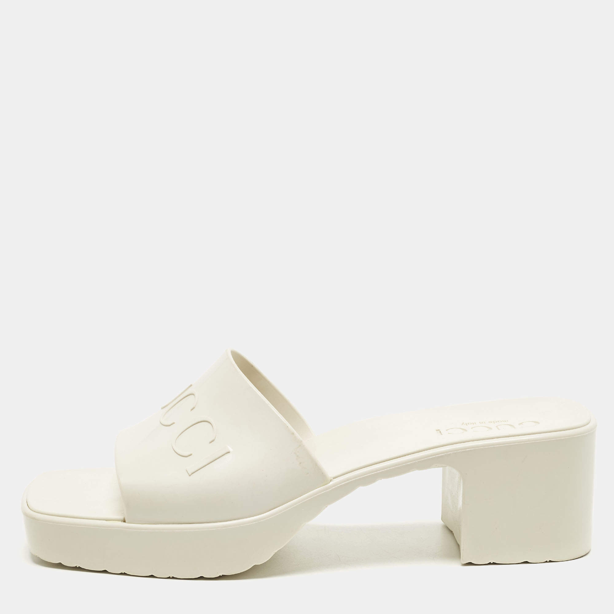 Pre Owned Gucci Size 37 White Rubber Block Heel Slide Sandals