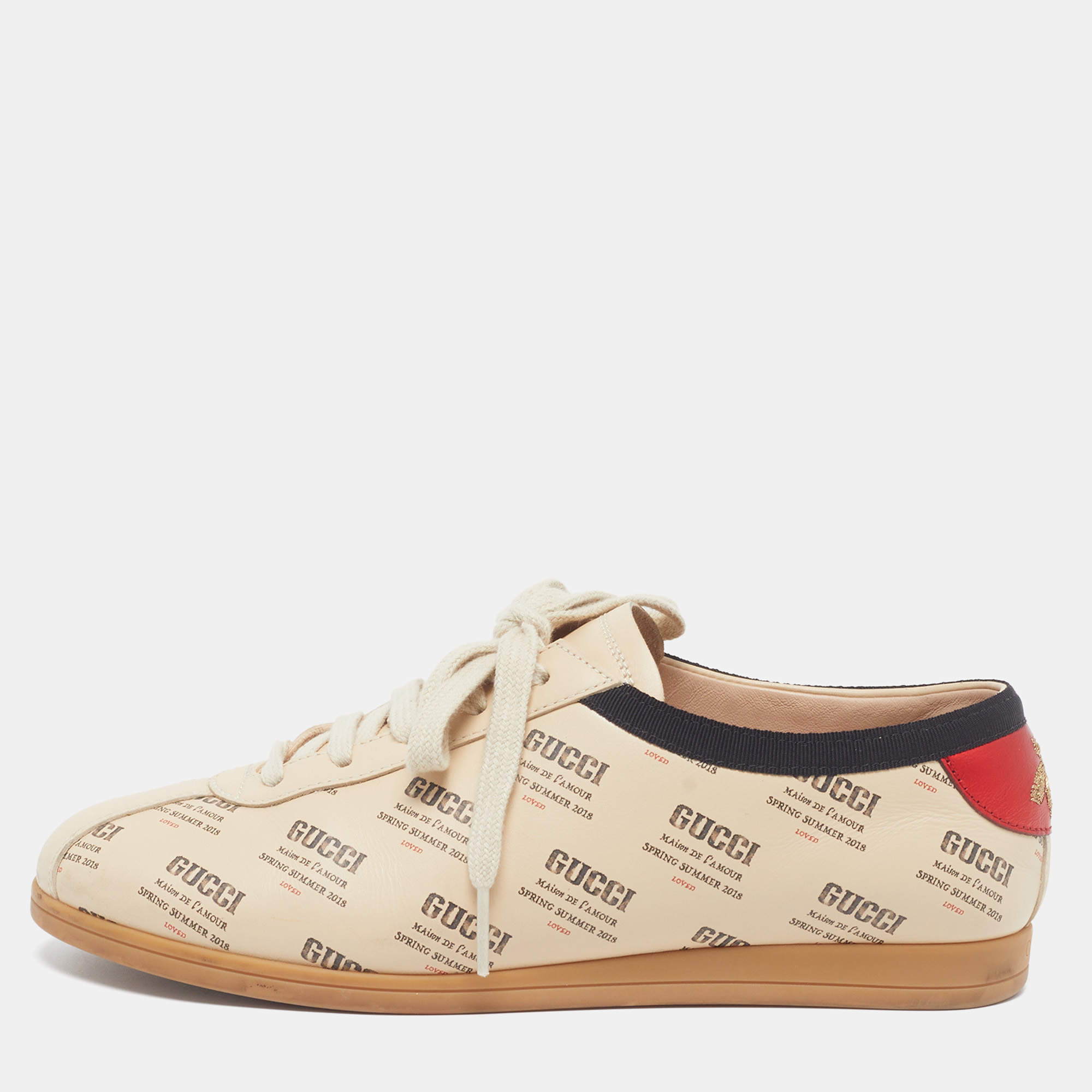 مملوكة مسبقًا Gucci Falacer Invite Print Size 36.5 Beige Leather Low Top Sneakers