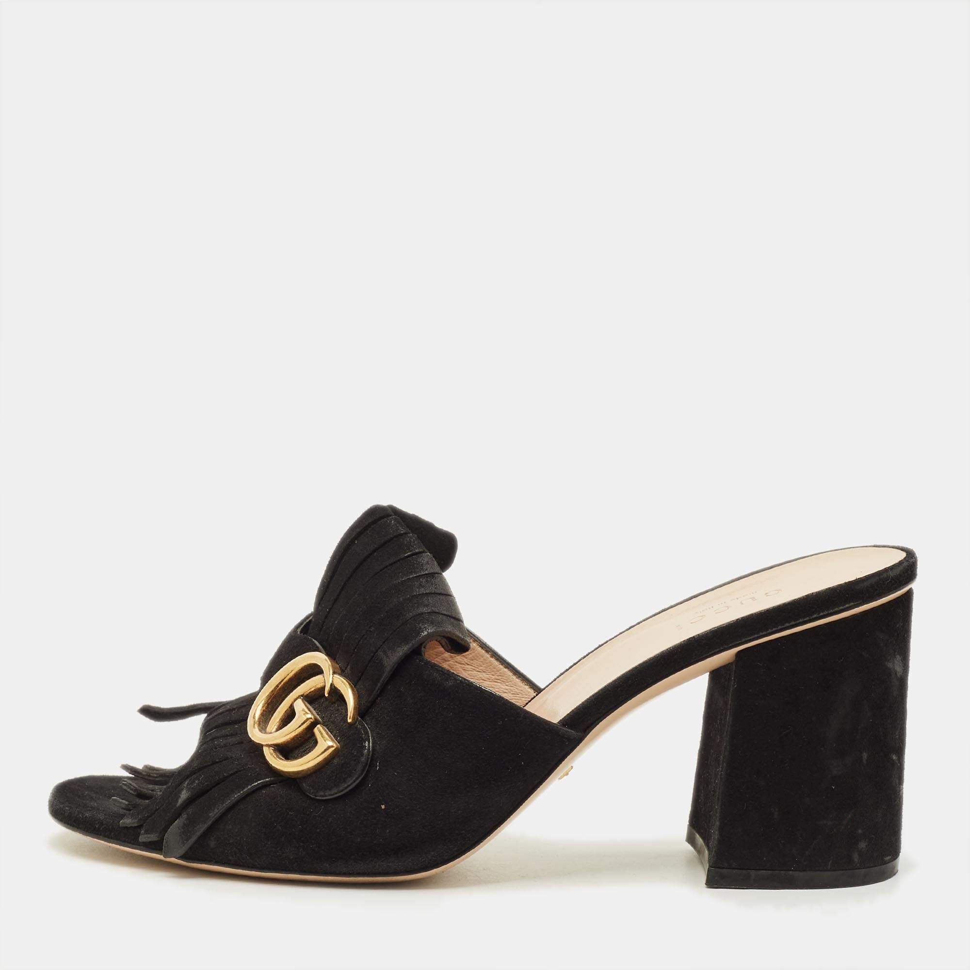 Pre Owned Gucci GG Marmont Size 40 Black Suede Slide Sandals