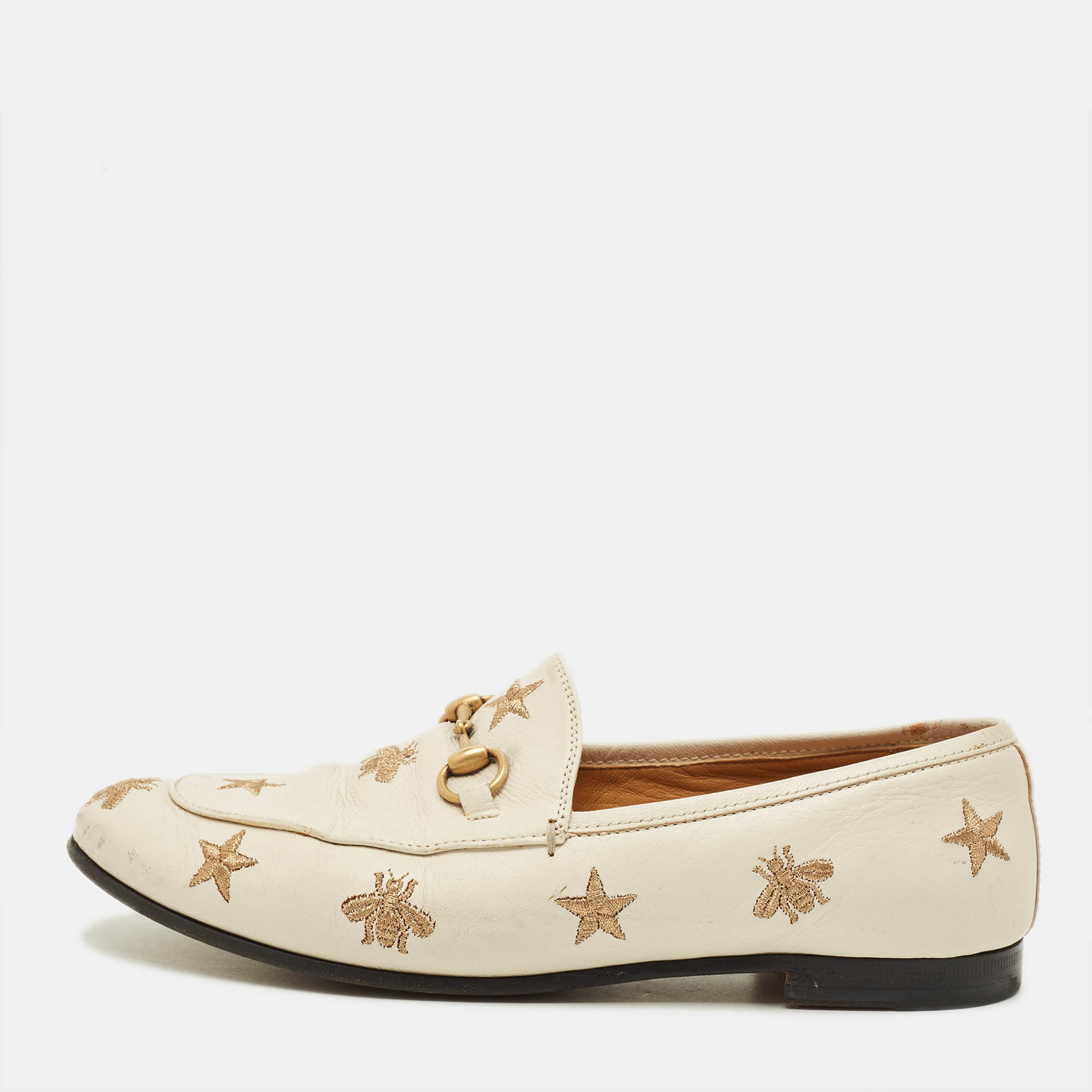 Pre Owned Gucci Jordaan Size 37.5 Cream Bee & Star Embroidered Leather Loafers