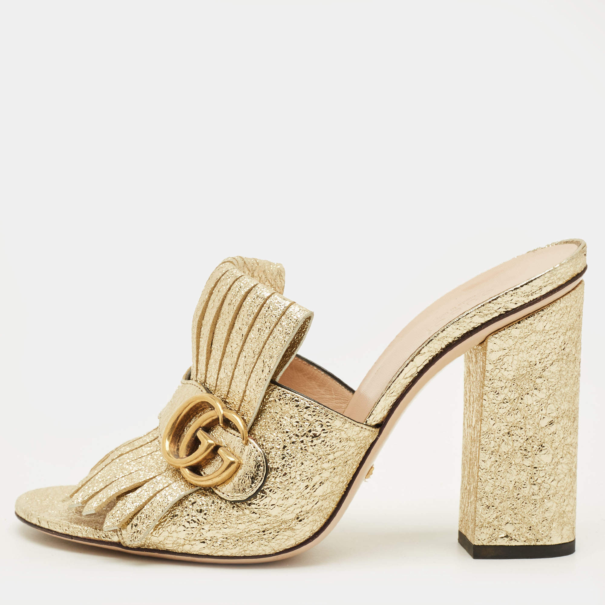 Pre Owned Gucci GG Marmont Size 40.5 Gold Foil Leather Slide Sandals