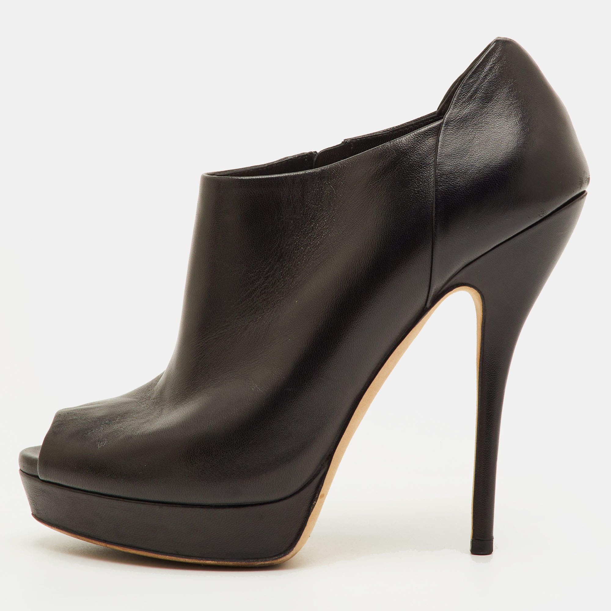 Pre Owned Gucci Size 38 Black Leather Peep Toe Platform Ankle Length Boots