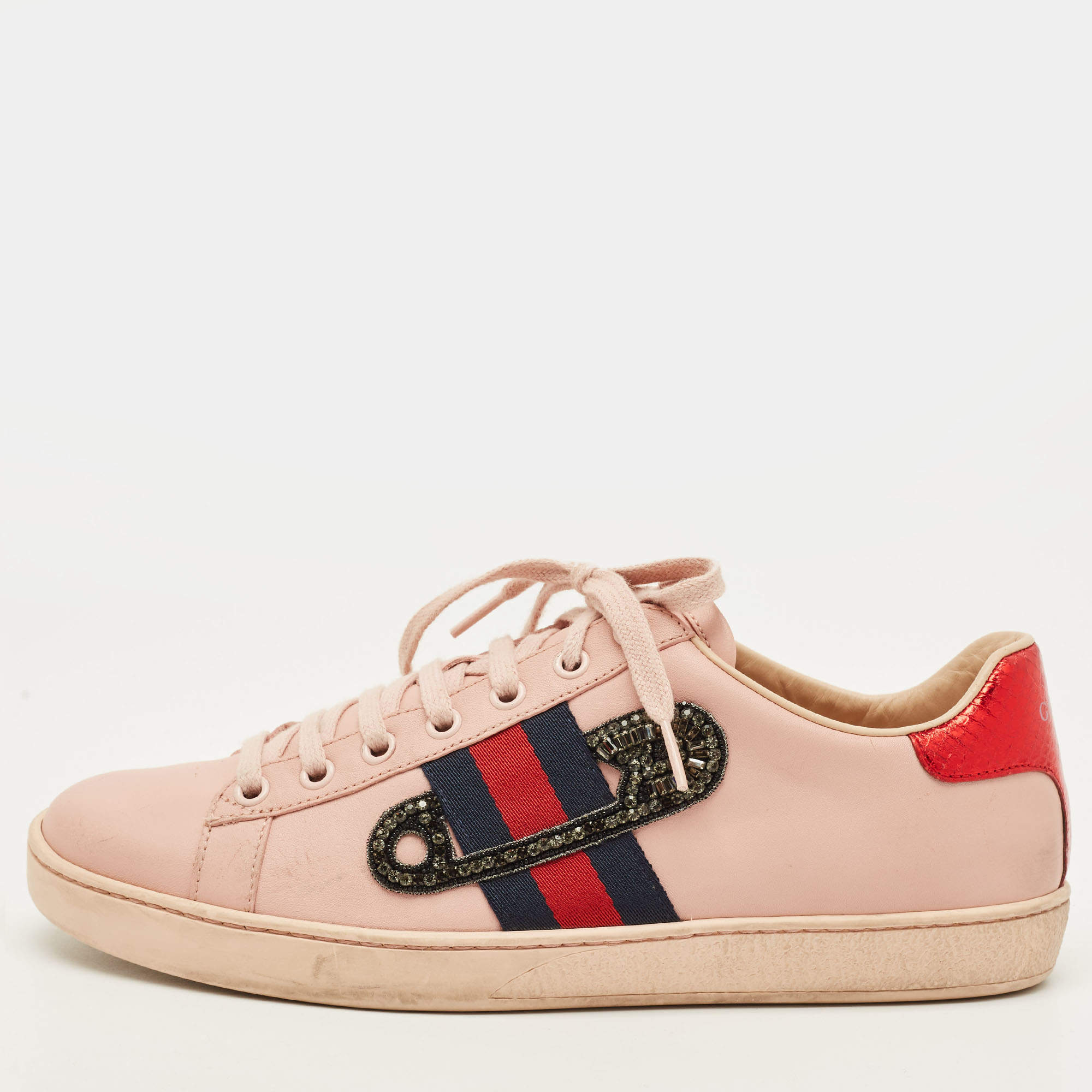 Pre Owned Gucci Ace Size 39 Pink Leather Lace Up Sneakers