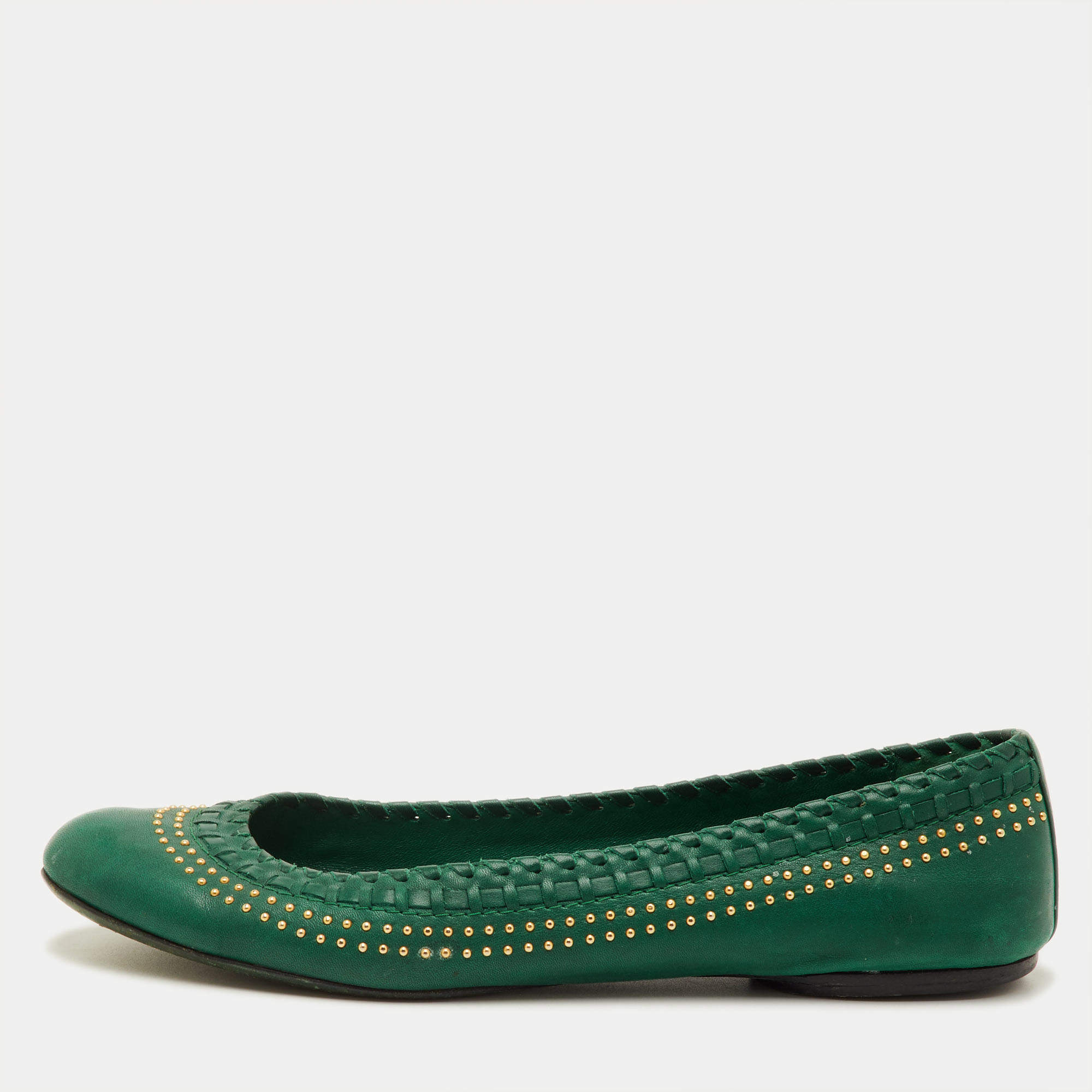 Pre Owned Gucci Studded Size 38.5 Green Leather Ballet Flats