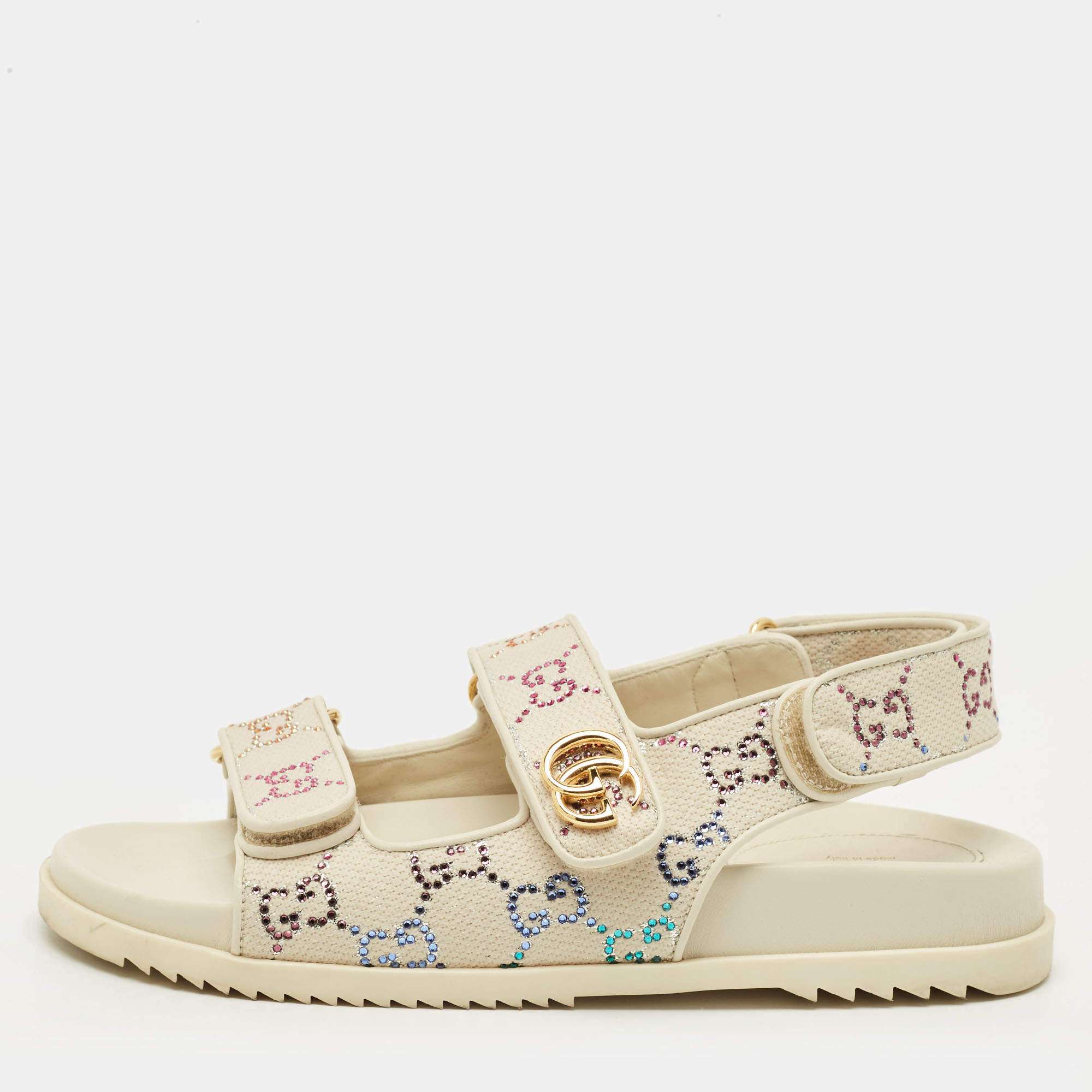 Pre Owned Gucci GG Size 37.5 Cream Canvas and Leather Slingback Sandals