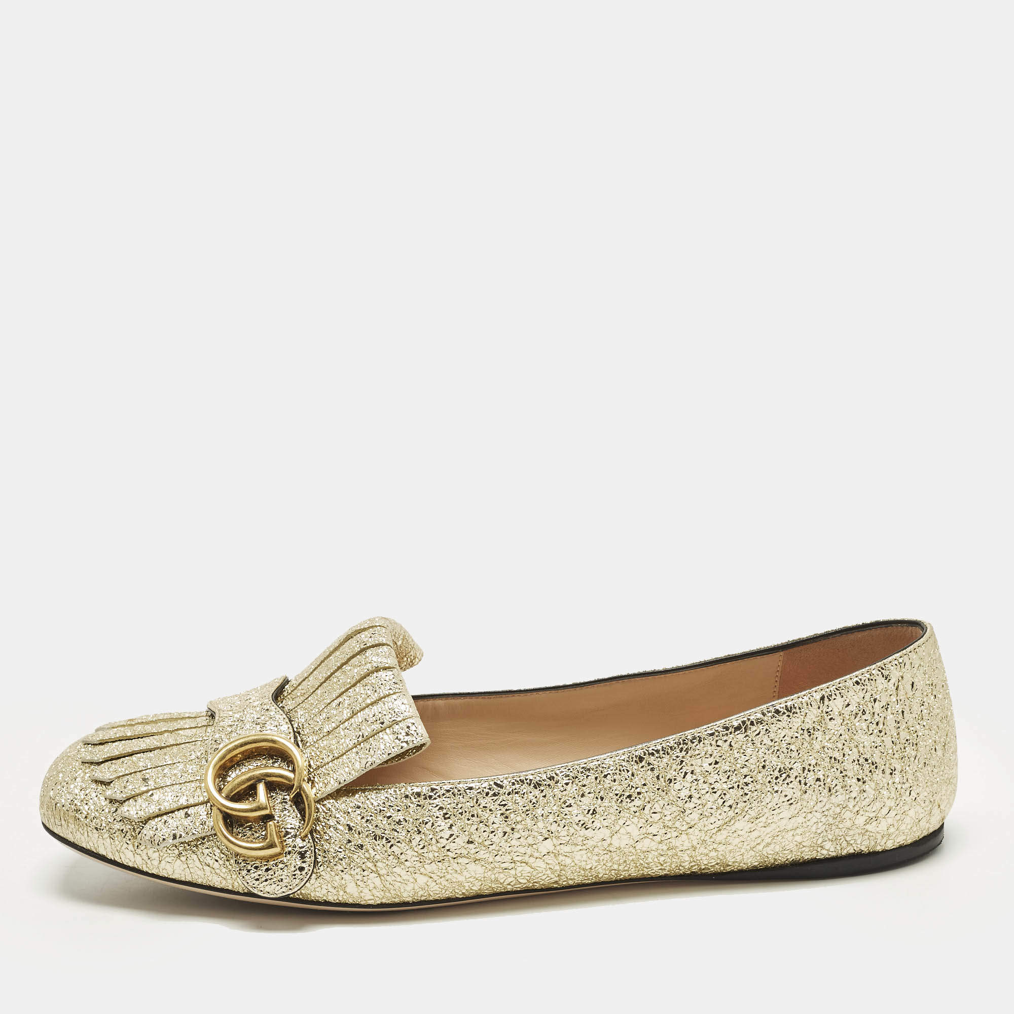 مملوكة مسبقًا Gucci GG Marmont Size 41.5 Gold Crinkled  Leather Ballet Flats