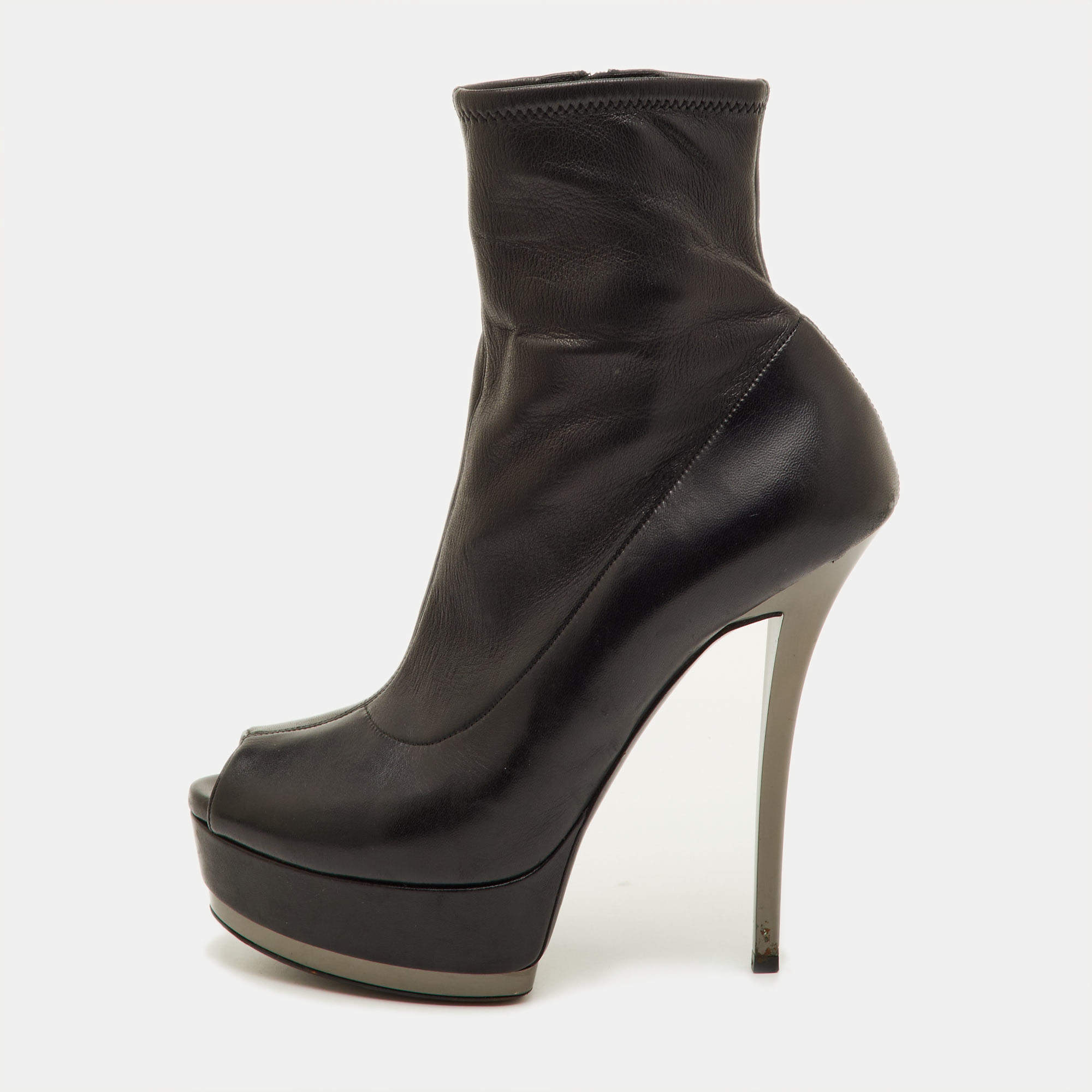 مملوكة مسبقًا Gucci Size 37 Black Leather Platform Peep Toe Ankle Length Boots