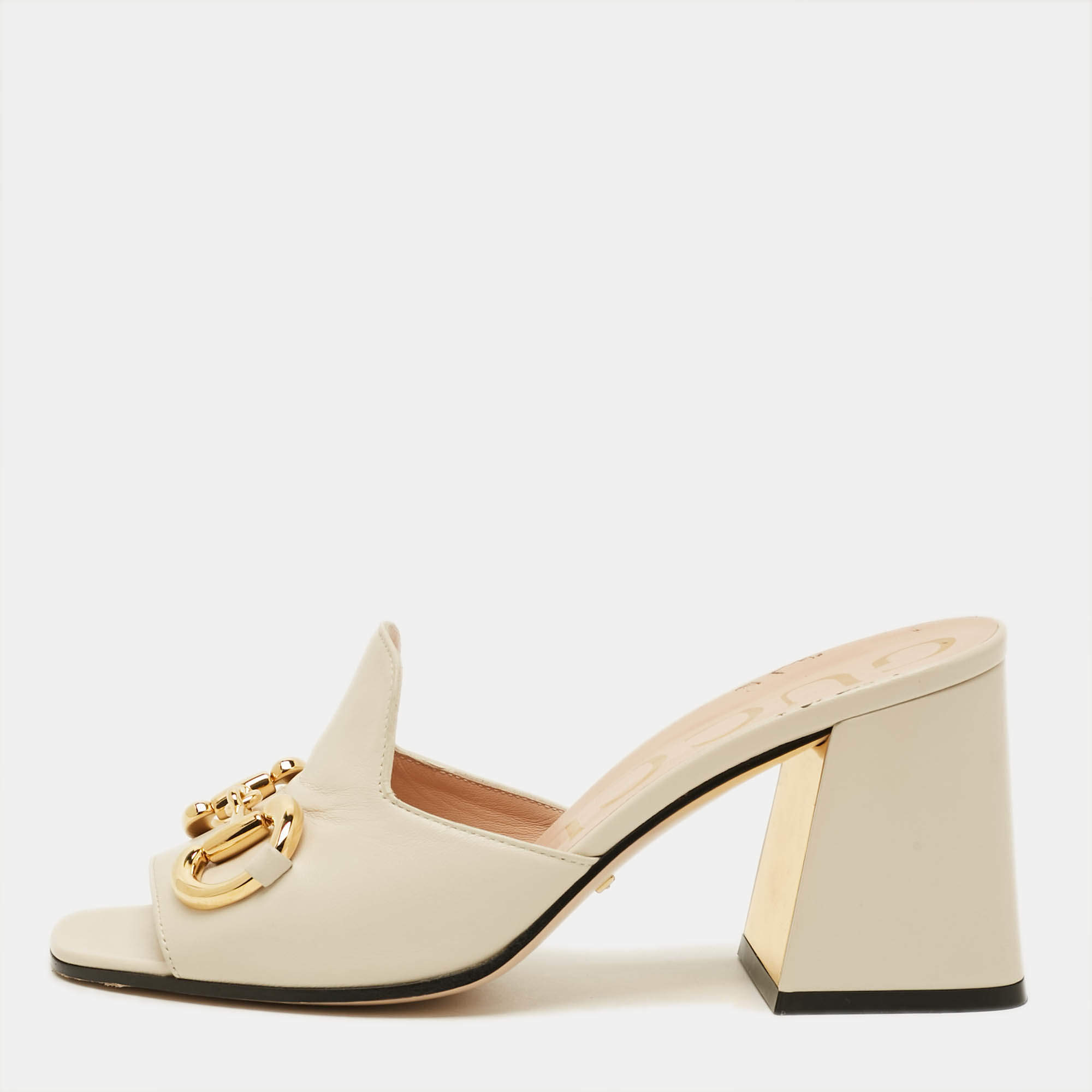 Pre Owned Gucci Horsebit Size 37 Cream Leather Block Heel Slide Sandals