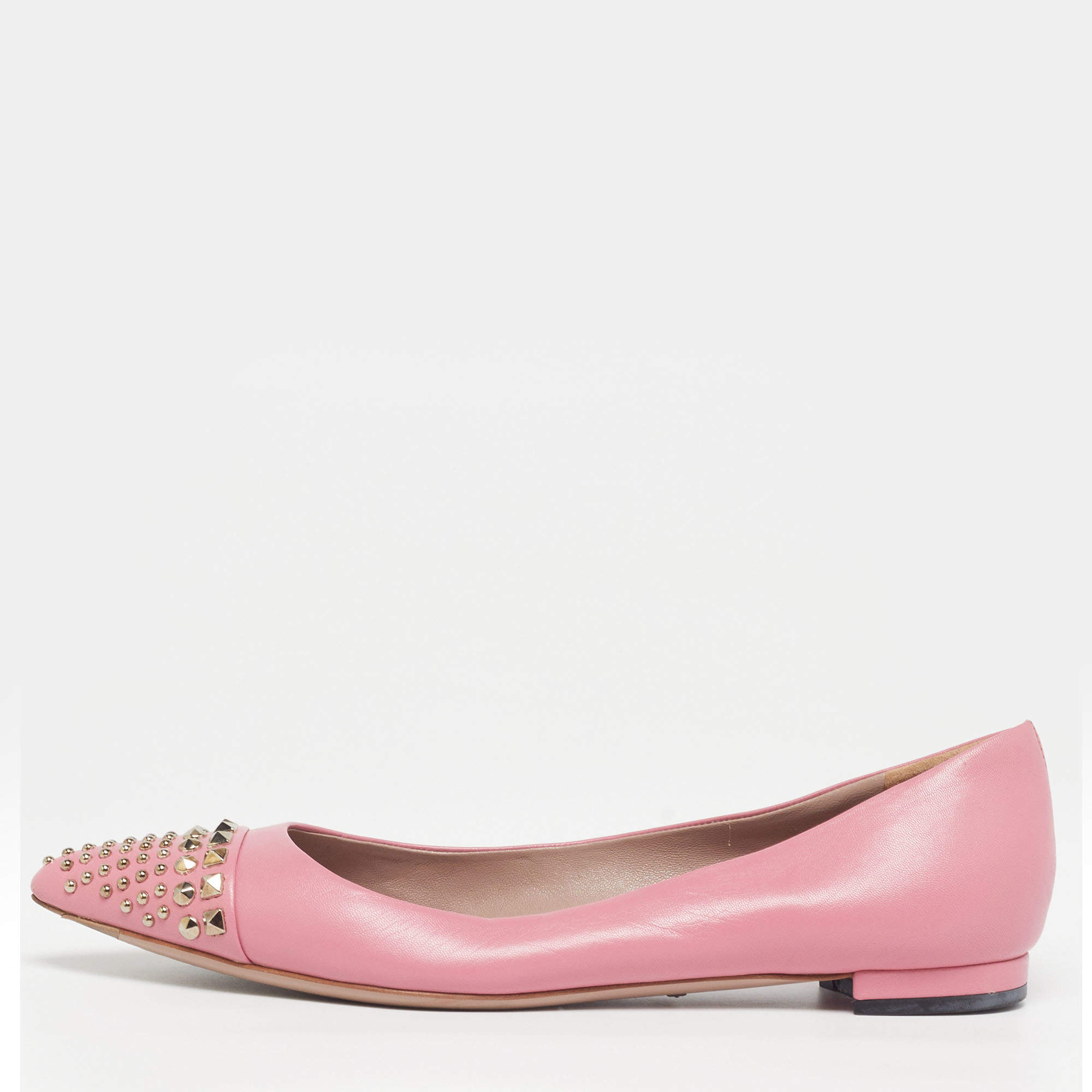 Pre Owned Gucci Coline Size 36.5 Pink Leather Studded Ballet Flats
