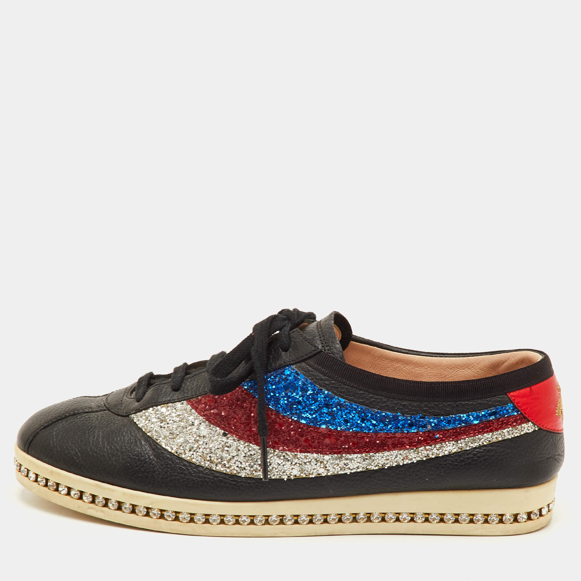 Pre Owned Gucci Falacer Size 40 Black Leather and Glitter Web Low Top Sneakers