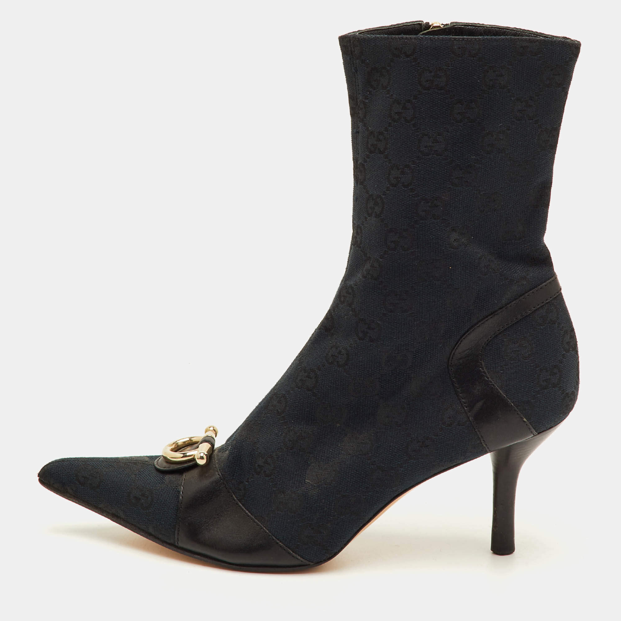 مملوكة مسبقًا Gucci Size 38.5 Black GG Canvas and Leather Pointed Toe Ankle Length Boots