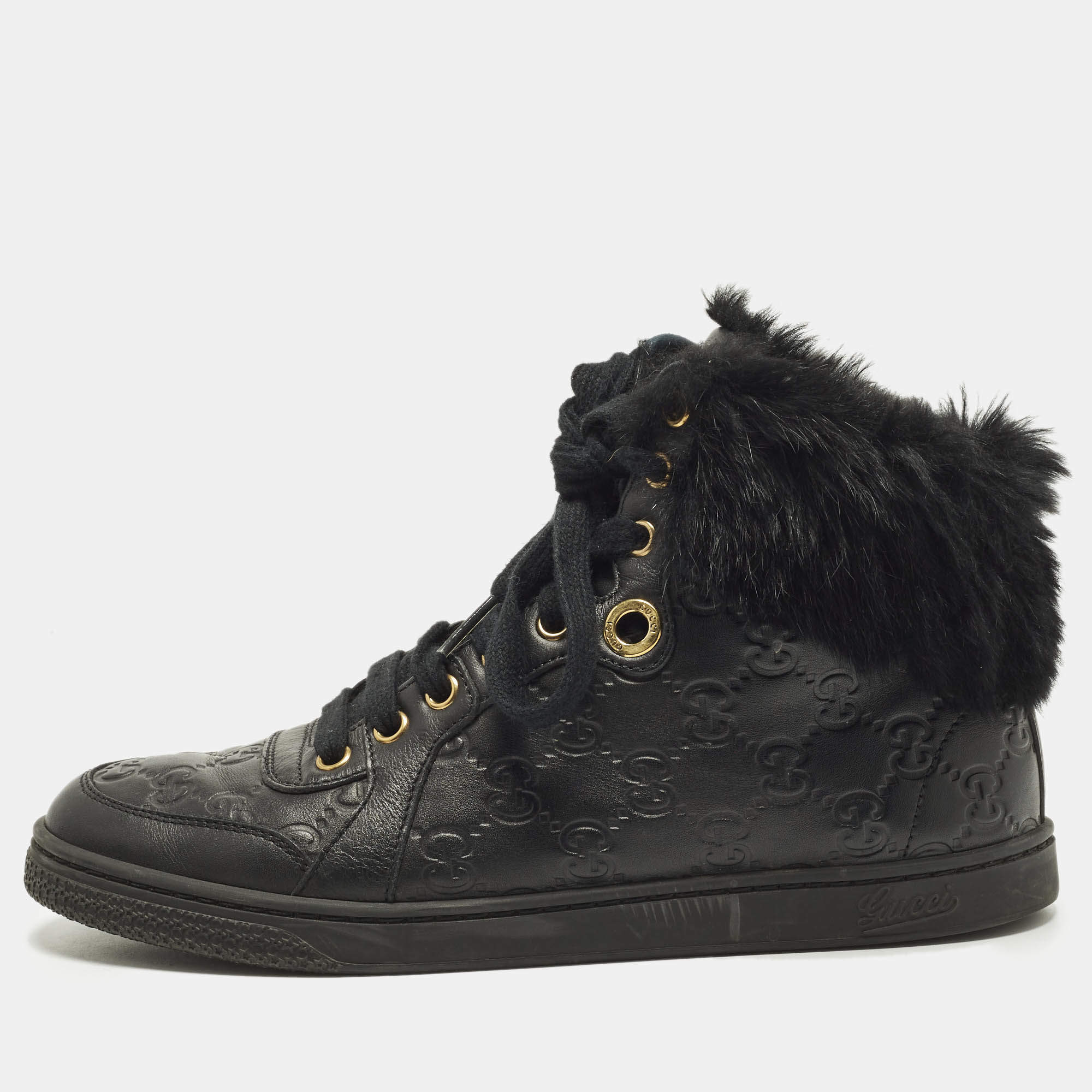 Pre Owned Gucci Guccissima Size 37 Black Cada Fur and Leather High Top Sneakers