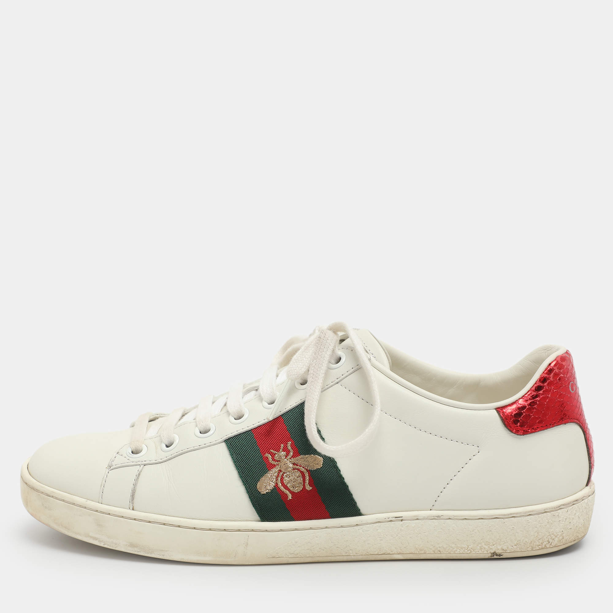 Pre Owned Gucci Ace Bee Embroidered Size 37 White Leather Low Top Sneakers