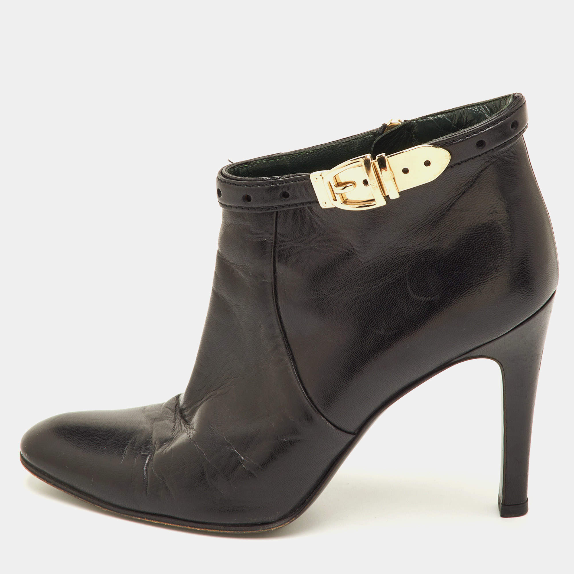 مملوكة مسبقًا Gucci Size 38.5 Black Leather Buckle Detail Ankle Length Boots