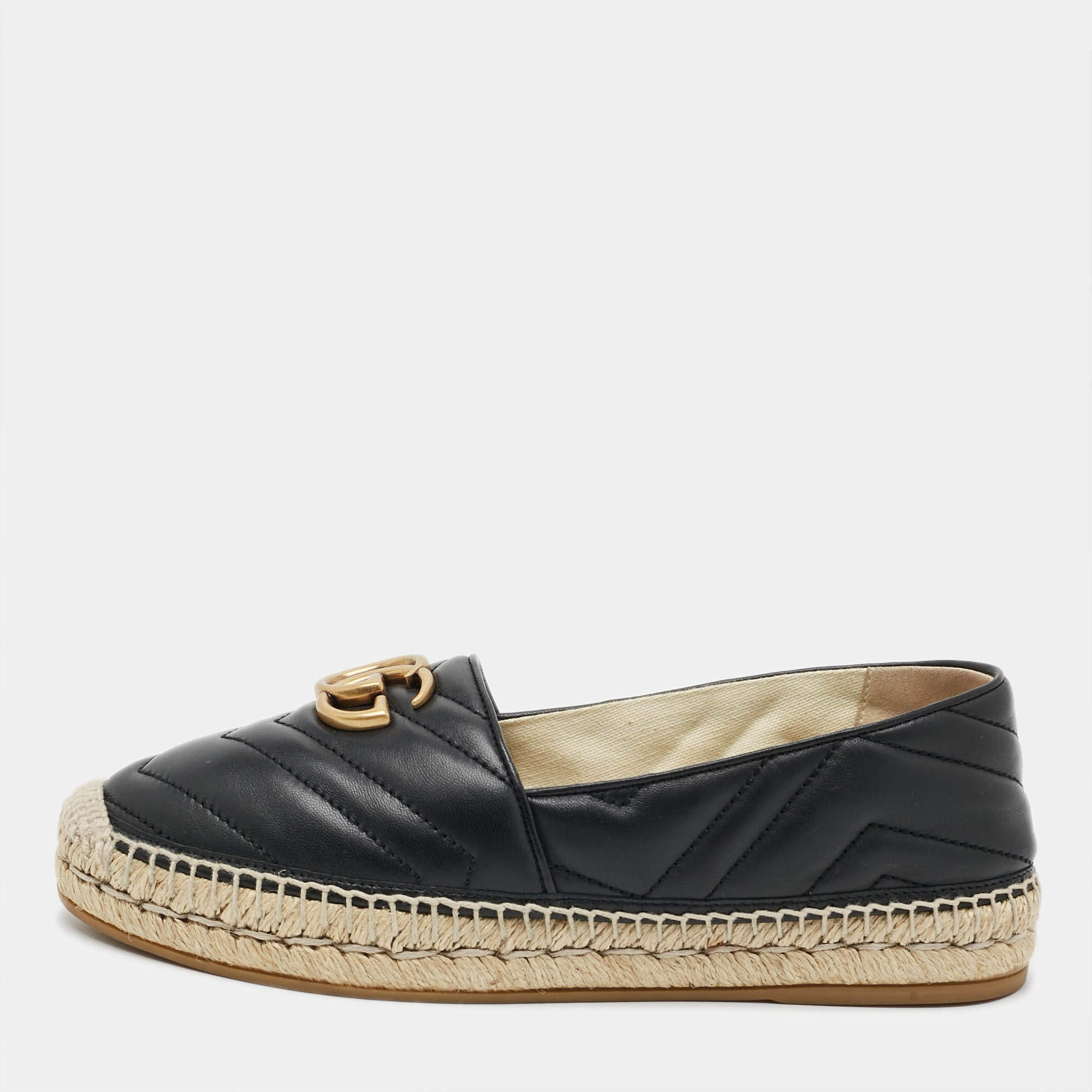 Pre Owned Gucci GG Marmont Size 37.5 Black Leather Espadrille Flats