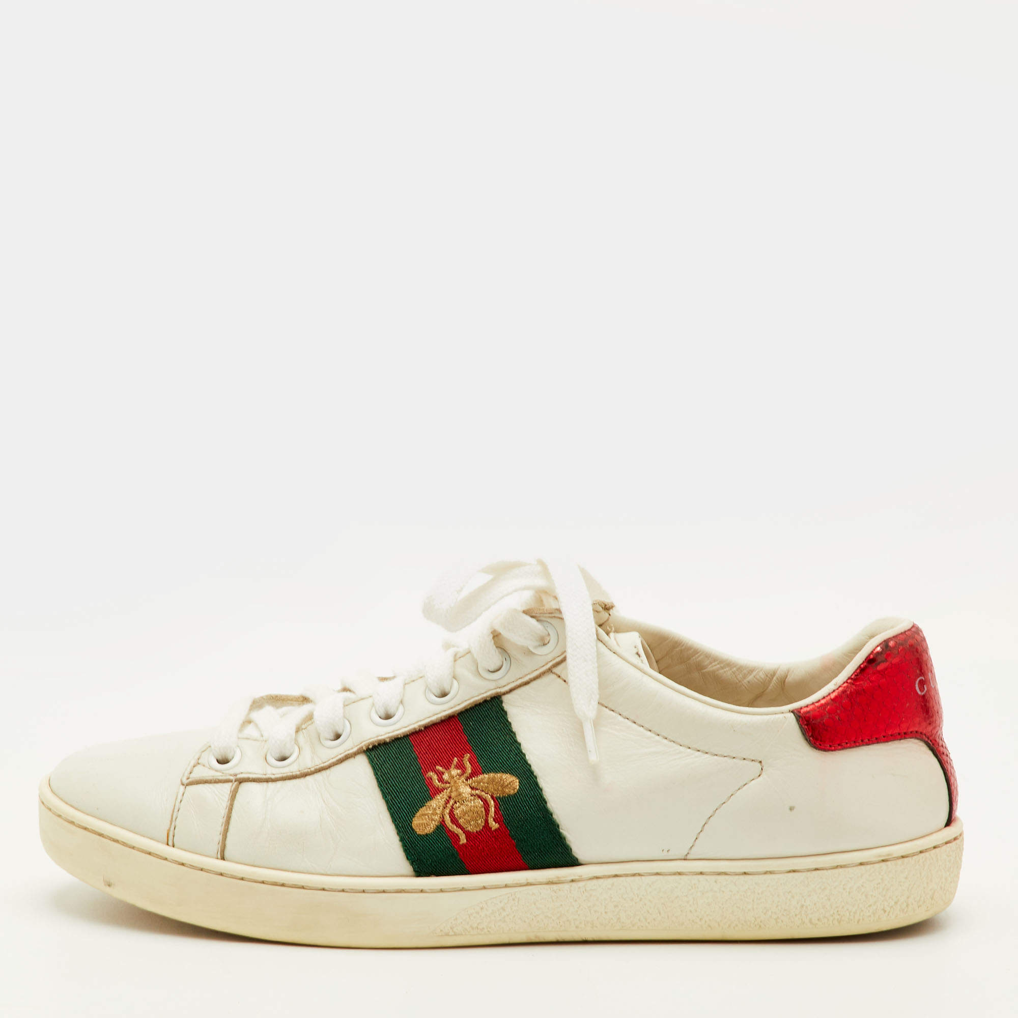 Pre Owned Gucci Ace Bee Embroidered Size 36.5 White Leather Low Top Sneakers