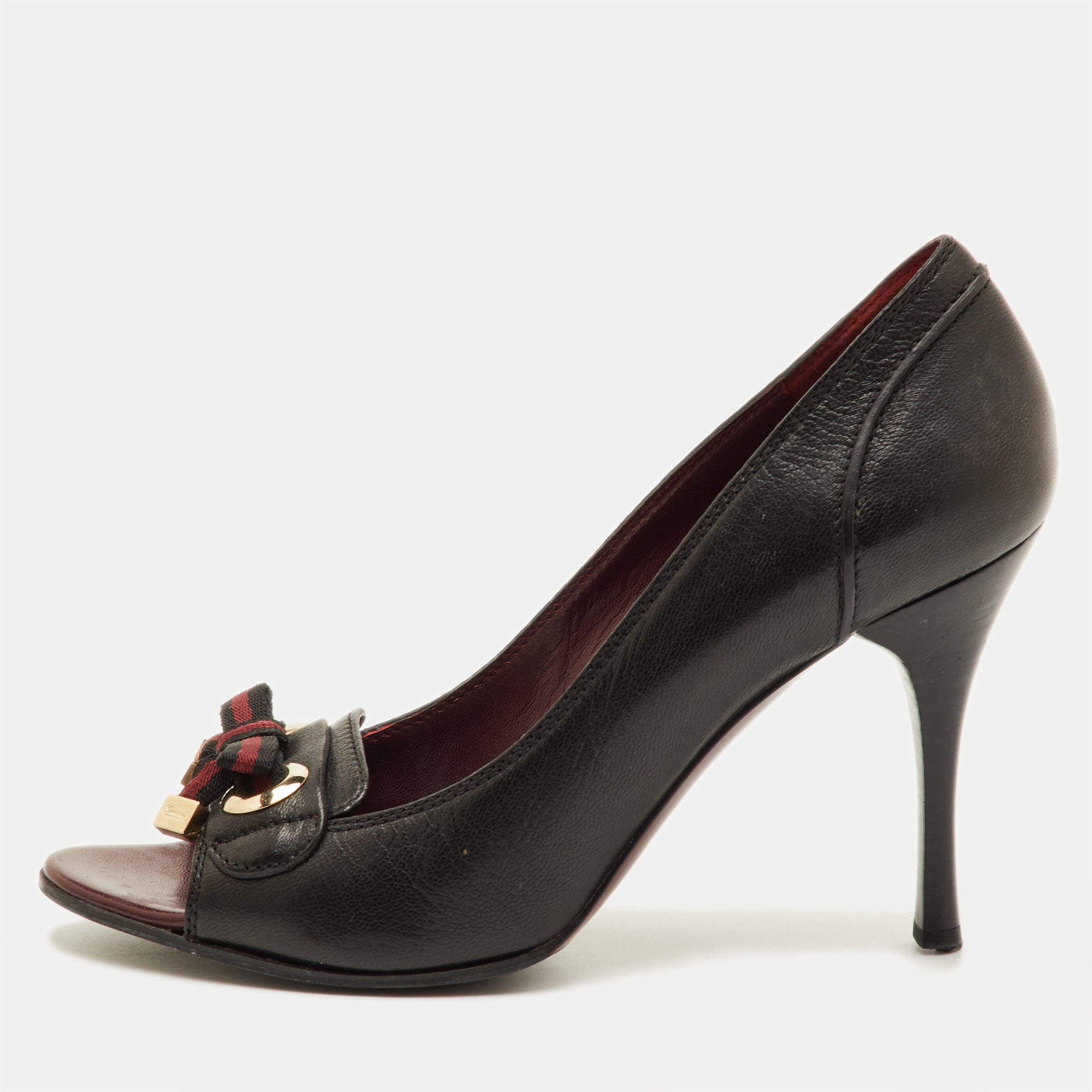 Pre Owned Gucci Size 37 Black Leather Bow Detail Open Toe Pumps