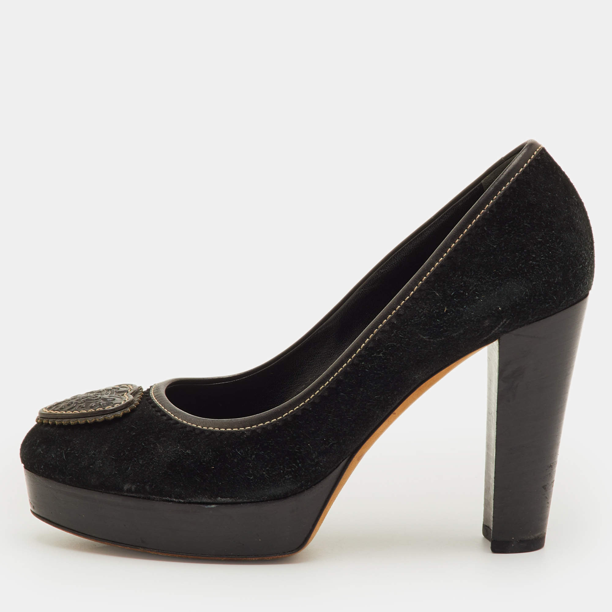 مملوكة مسبقًا حذاء كعب عالي غوتشي هستيريا بشعار أسود شامواه نعل سميك مقاس 37.5