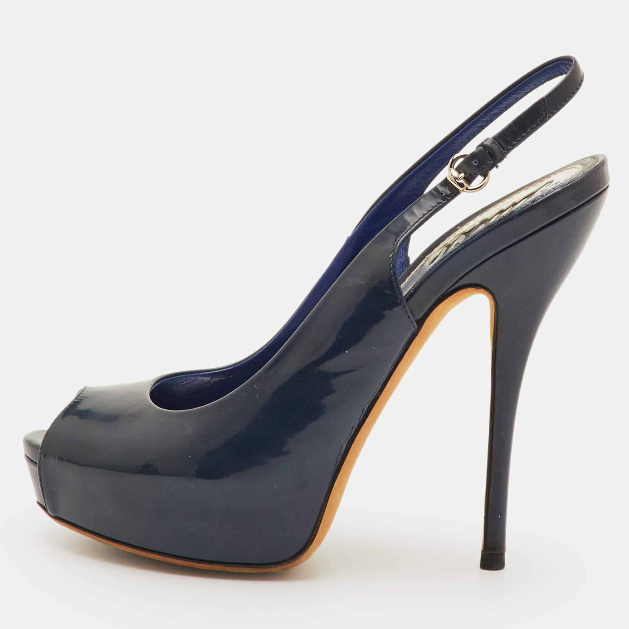 Pre Owned Gucci Sofia Size 36 Navy Blue Patent Leather Platform Peep Toe Slingback Sandals