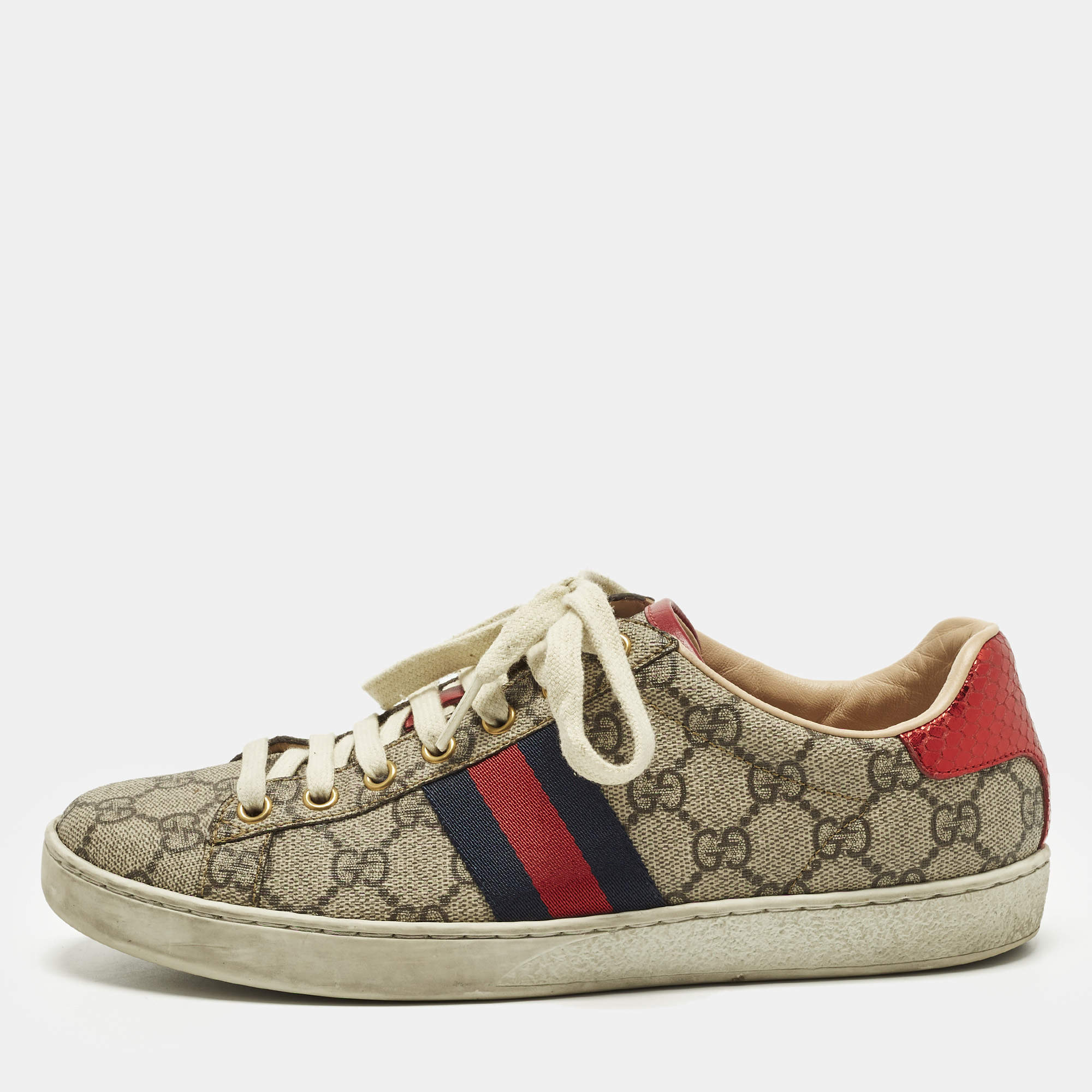 مملوكة مسبقًا Gucci Ace Web Size 38.5 Beige/Brown GG Coated Canvas and Python Embossed Lace Up Sneakers