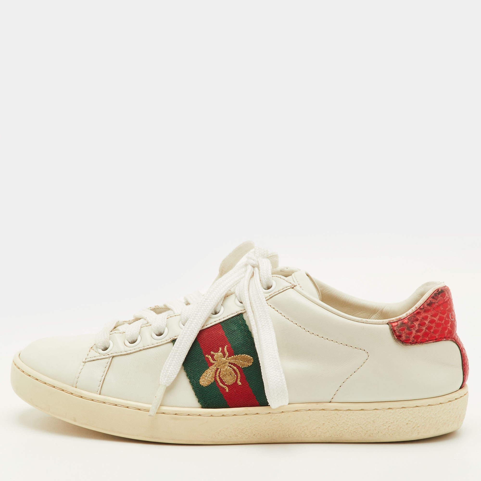 Pre Owned Gucci Ace Web Size 36 White Leather Bee Embroidered Low Top Sneakers